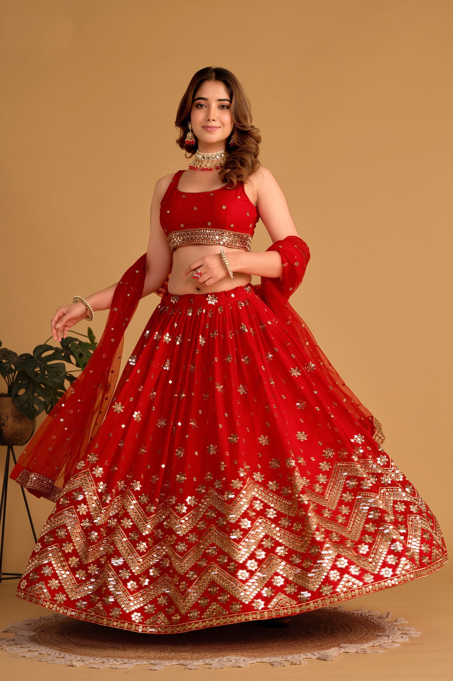 Jyoti Fashion Women's Red Georgette Sequins Zari Embroidered Lehenga Choli & Dupatta | Swadesiicart
