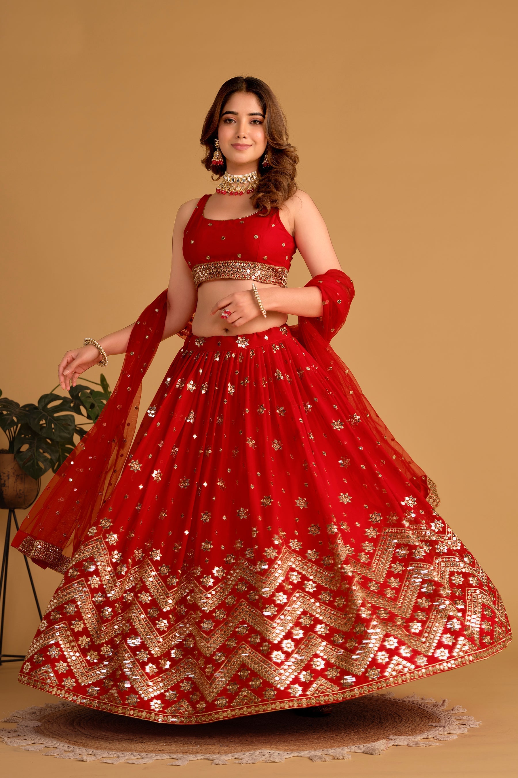 Jyoti Fashion Women's Red Georgette Sequins Zari Embroidered Lehenga Choli & Dupatta | Swadesiicart
