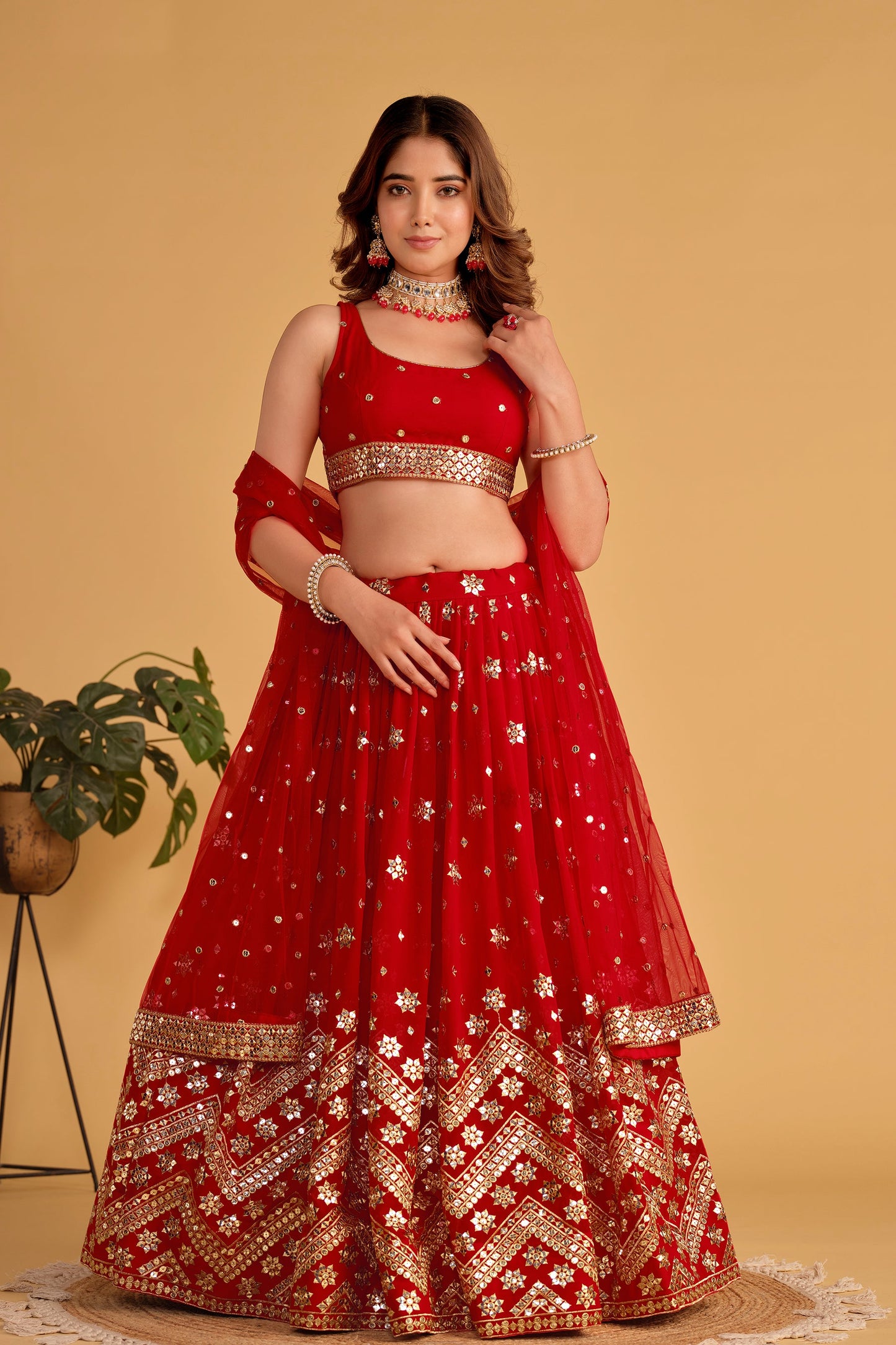 Jyoti Fashion Women's Red Georgette Sequins Zari Embroidered Lehenga Choli & Dupatta | Swadesiicart