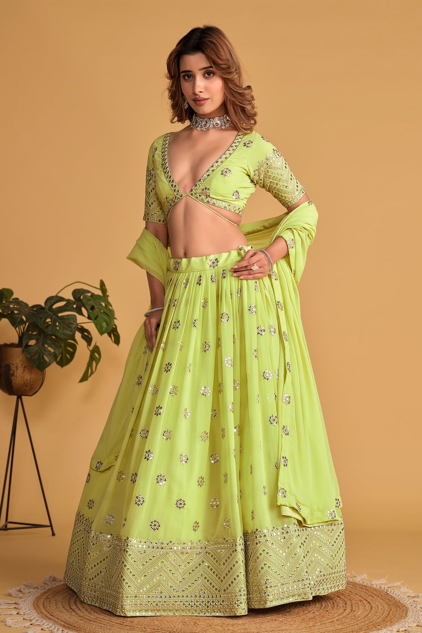 Jyoti Fashion Women's Neon Georgette Sequins Zari Embroidered Lehenga Choli & Dupatta | Swadesiicart