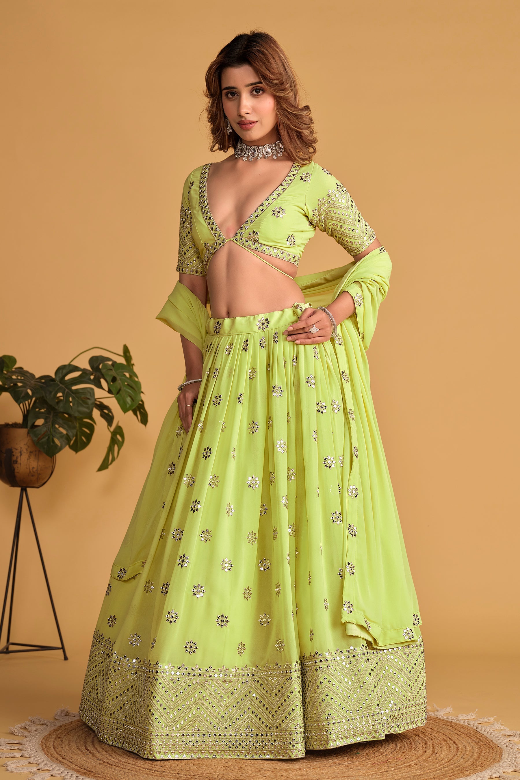 Jyoti Fashion Women's Neon Georgette Sequins Zari Embroidered Lehenga Choli & Dupatta | Swadesiicart