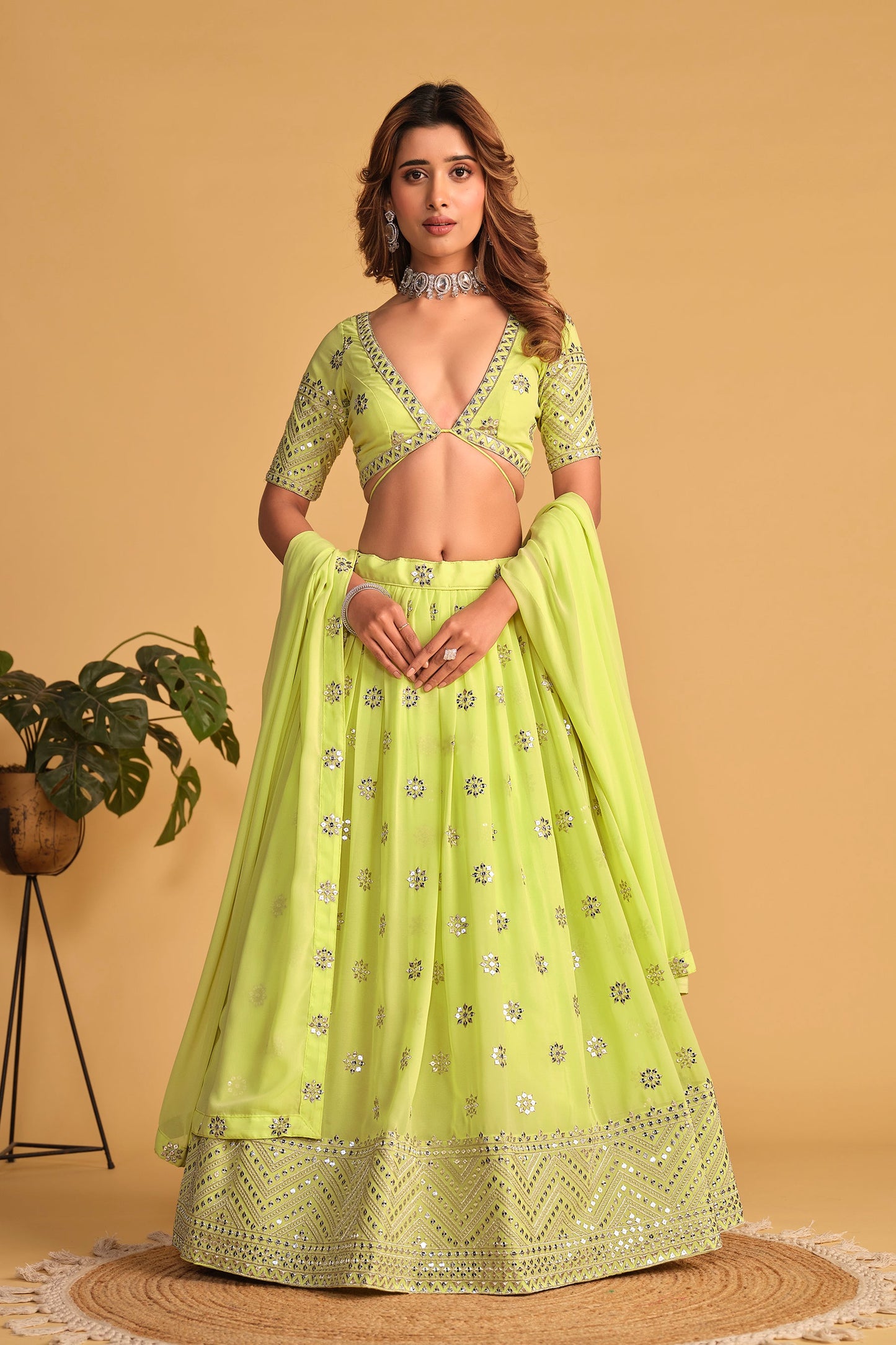 Jyoti Fashion Women's Neon Georgette Sequins Zari Embroidered Lehenga Choli & Dupatta | Swadesiicart