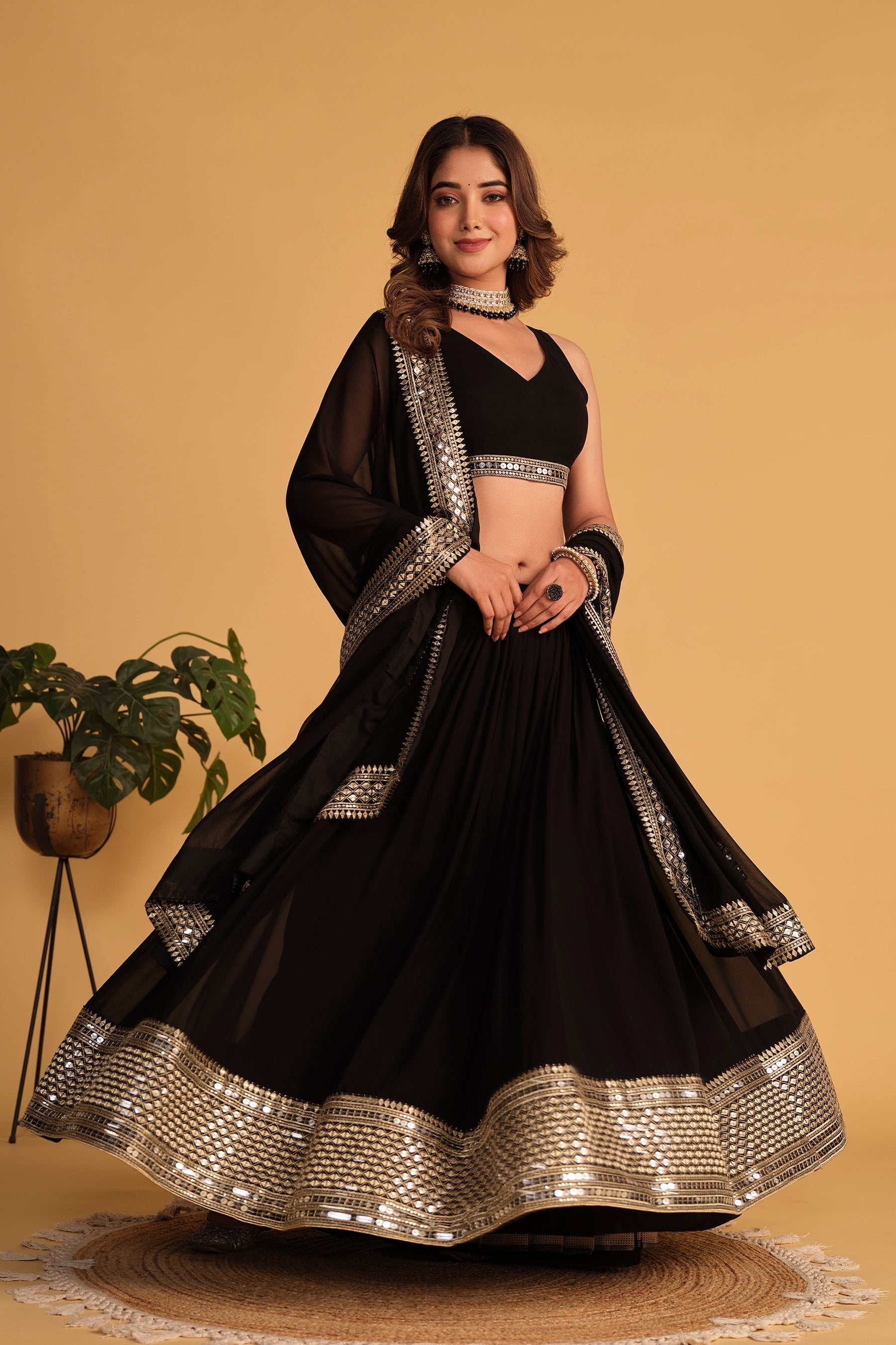 Jyoti Fashion Women's Black Georgette Sequins Zari Embroidered Lehenga Choli & Dupatta | Swadesiicart