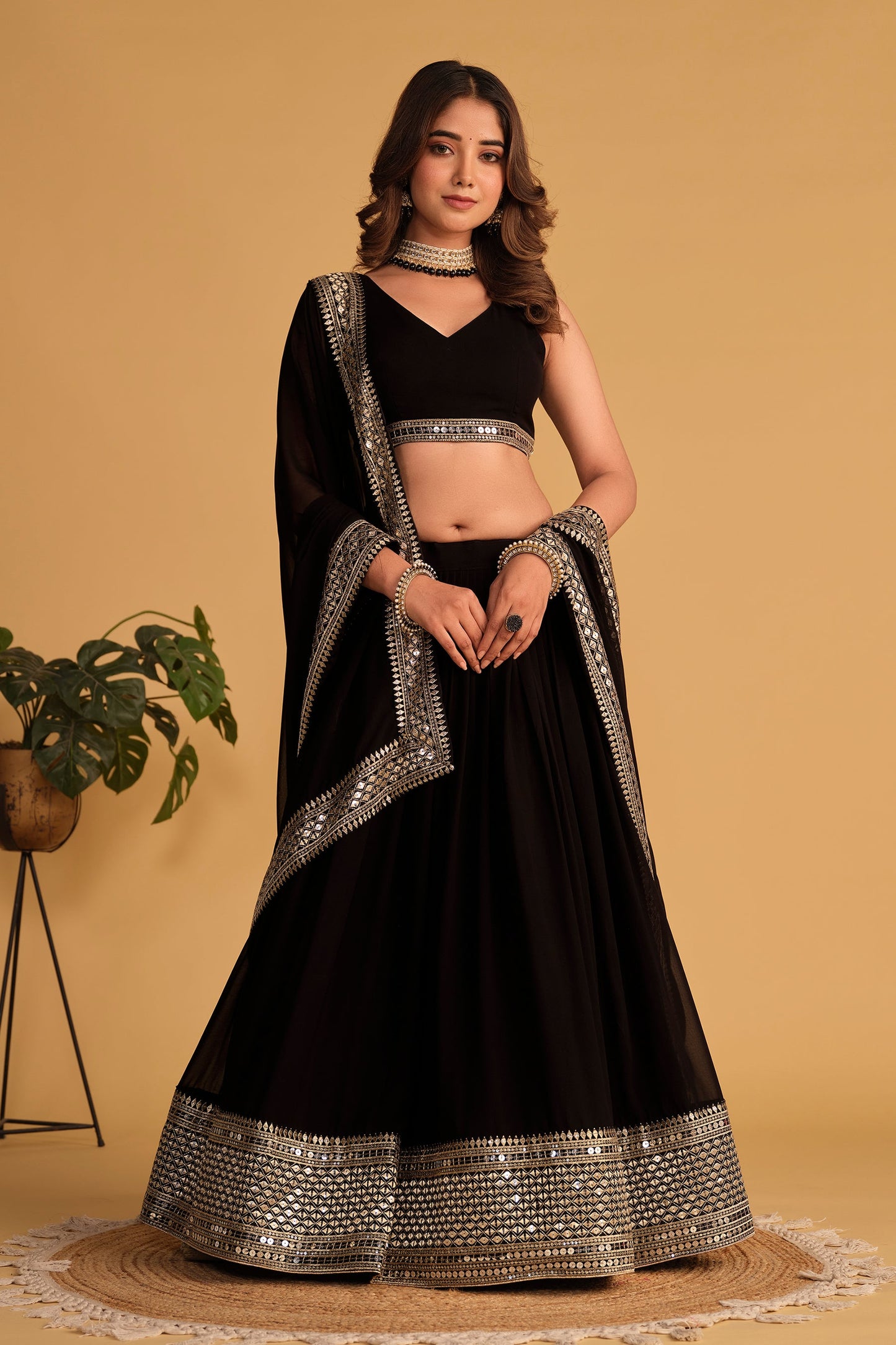 Jyoti Fashion Women's Black Georgette Sequins Zari Embroidered Lehenga Choli & Dupatta | Swadesiicart
