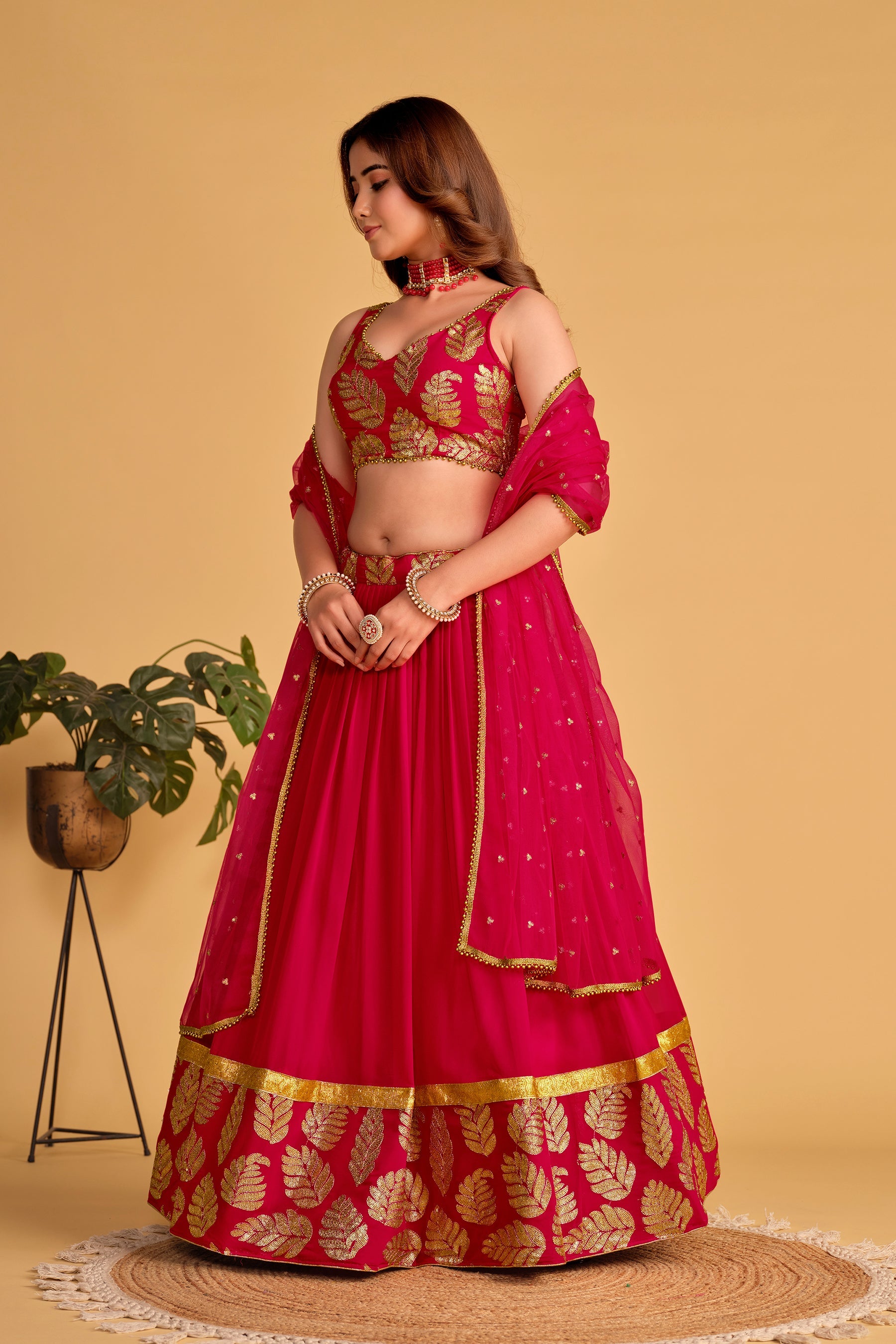 Jyoti Fashion Women's Pink Georgette Sequins Zari Embroidered Lehenga Choli & Dupatta | Swadesiicart
