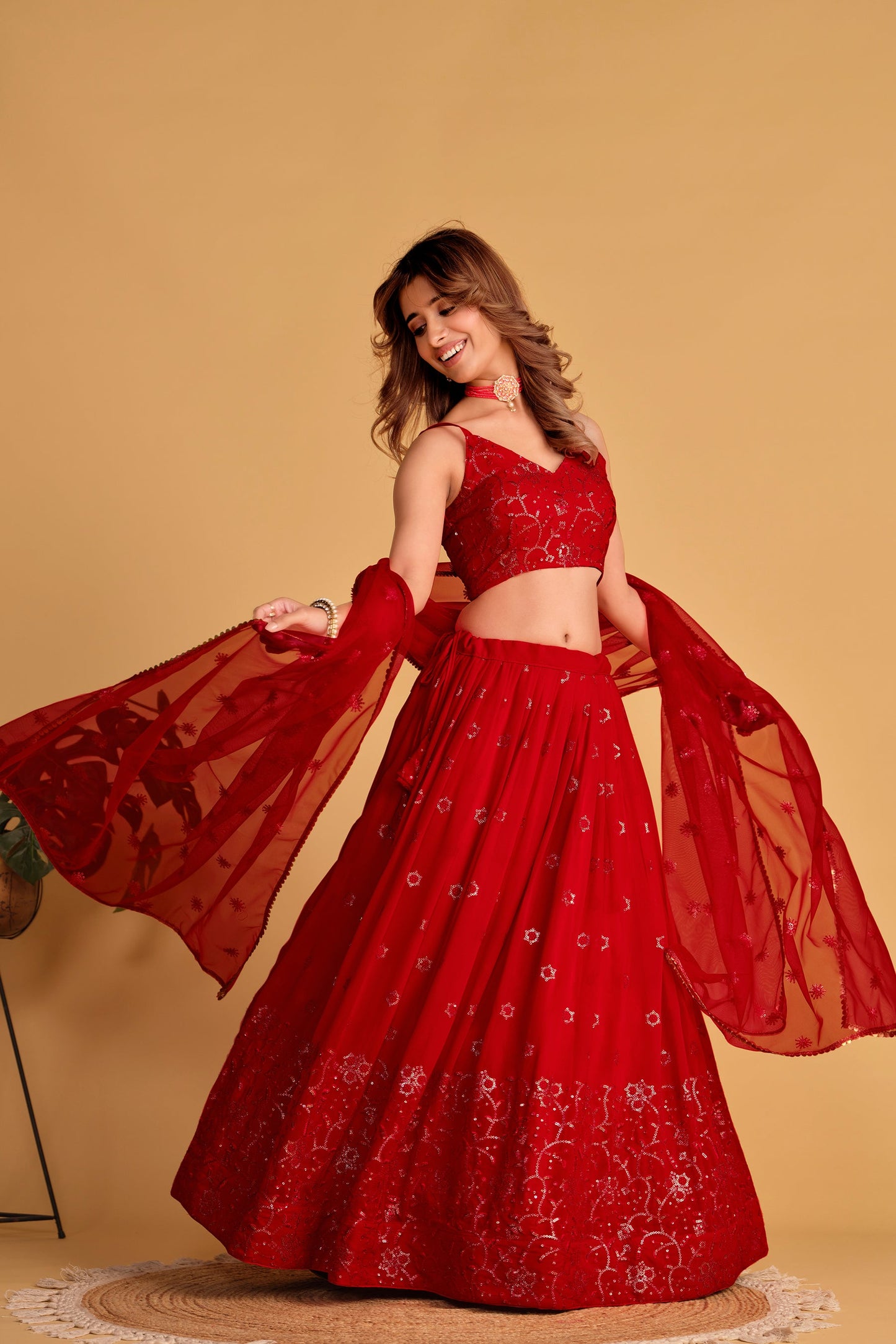 Jyoti Fashion Women's Red Georgette Sequins Thread Embroidered Lehenga Choli & Dupatta | Swadesiicart