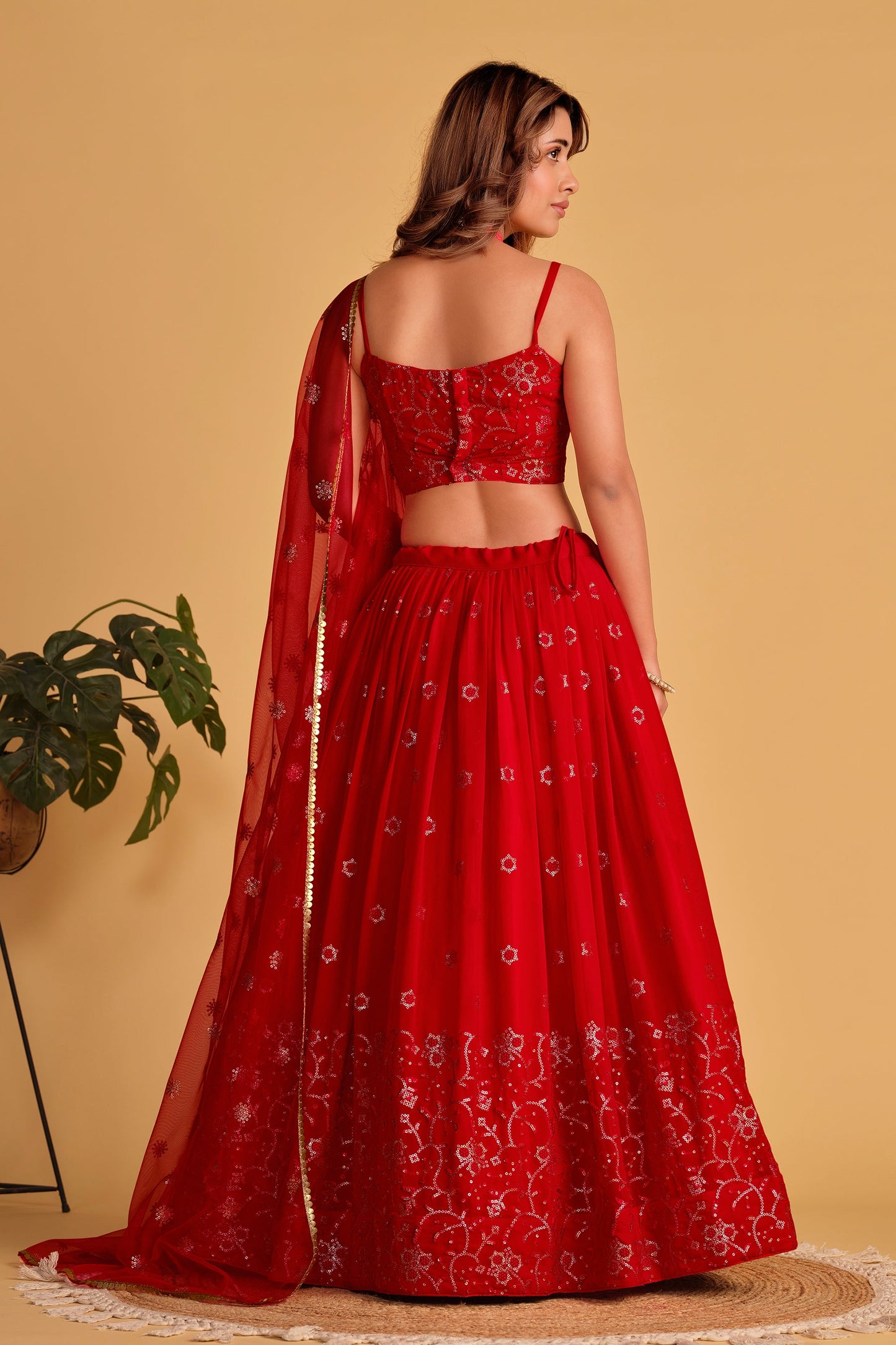 Jyoti Fashion Women's Red Georgette Sequins Thread Embroidered Lehenga Choli & Dupatta | Swadesiicart