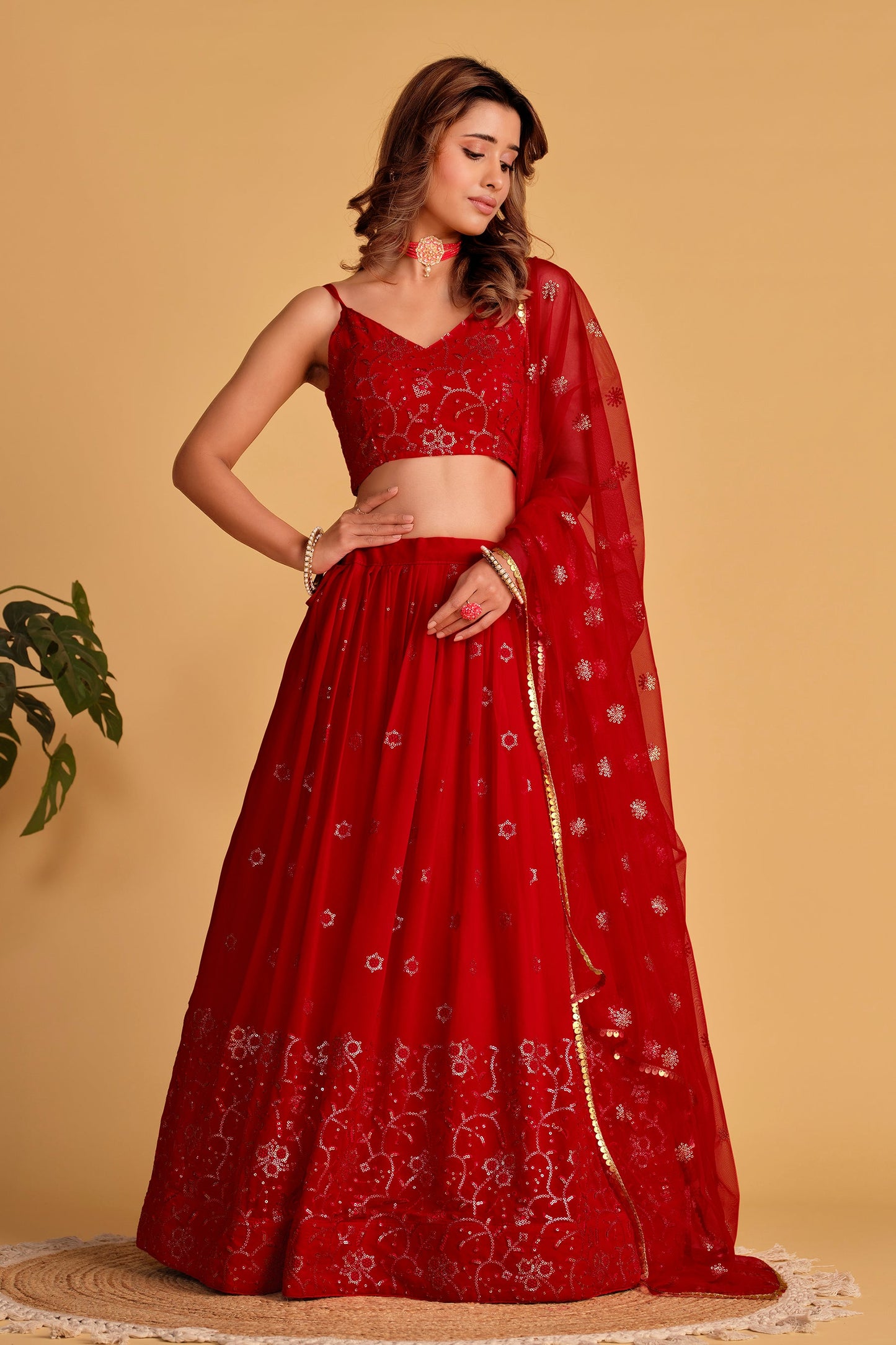 Jyoti Fashion Women's Red Georgette Sequins Thread Embroidered Lehenga Choli & Dupatta | Swadesiicart