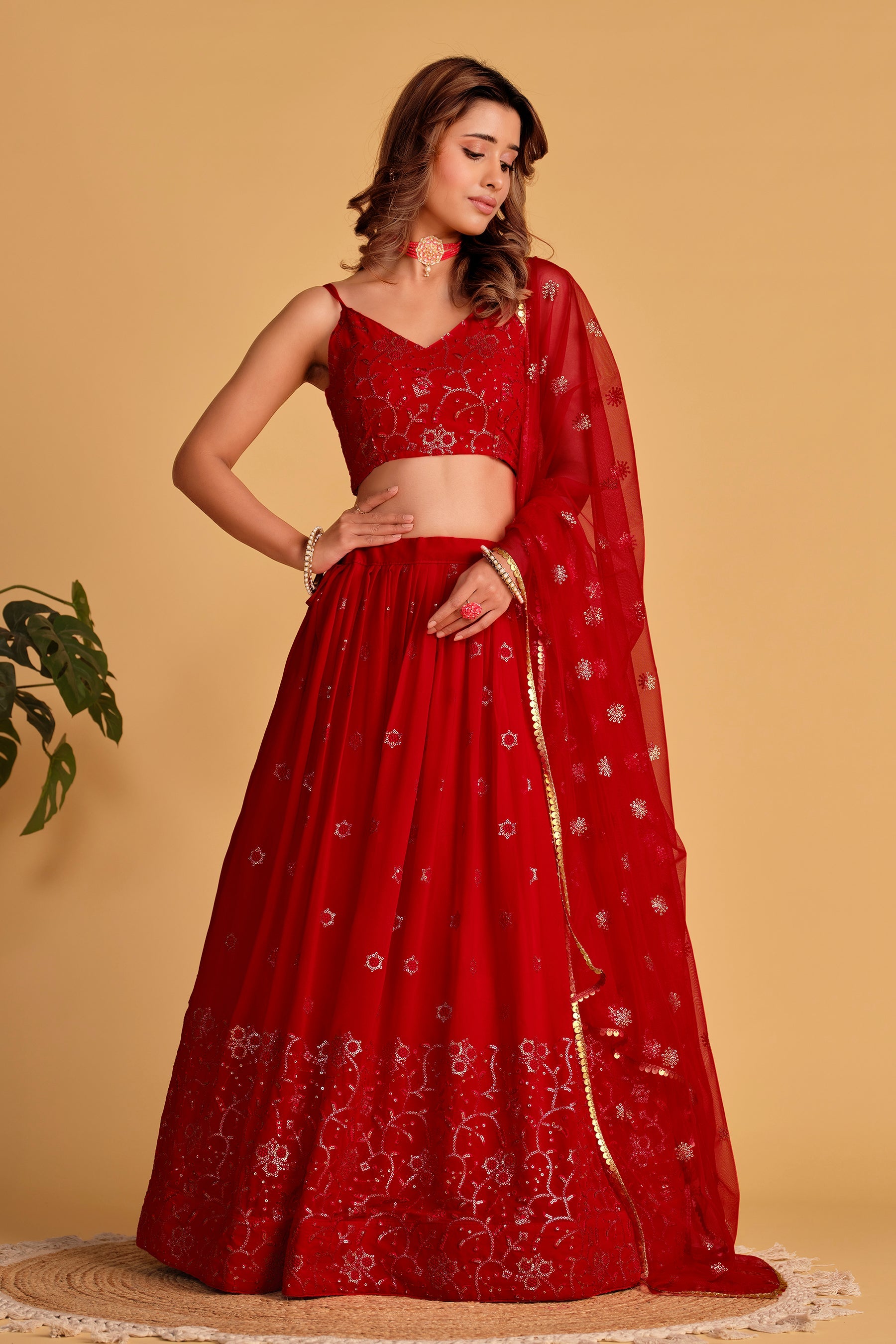 Jyoti Fashion Women's Red Georgette Sequins Thread Embroidered Lehenga Choli & Dupatta | Swadesiicart