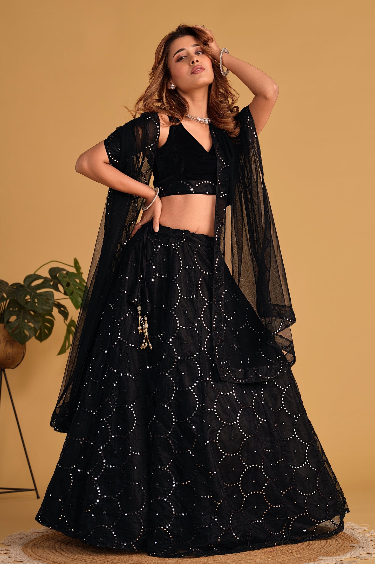 Jyoti Fashion Women's Black Georgette Sequins Thread Embroidered Lehenga Choli & Dupatta | Swadesiicart
