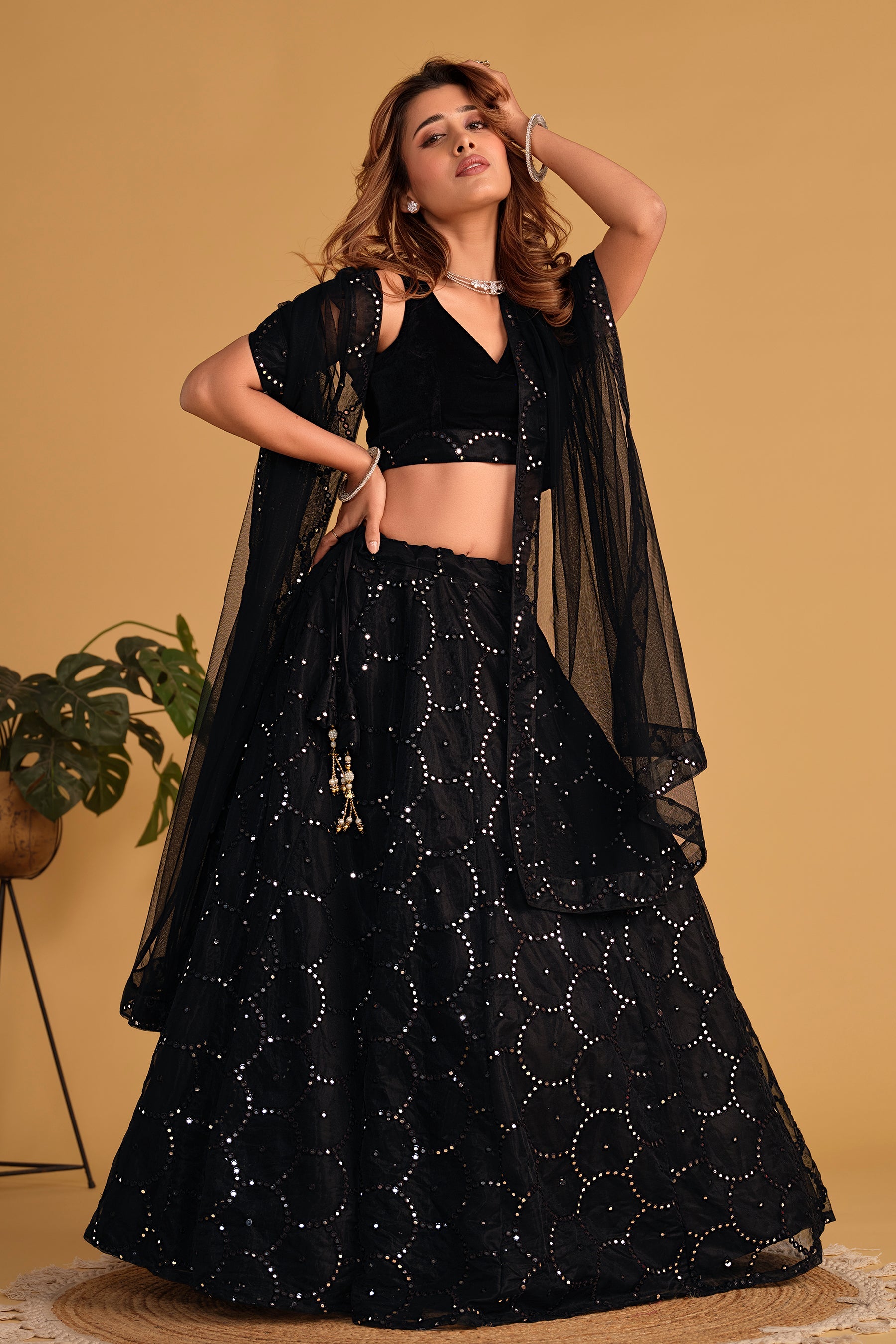 Jyoti Fashion Women's Black Georgette Sequins Thread Embroidered Lehenga Choli & Dupatta | Swadesiicart