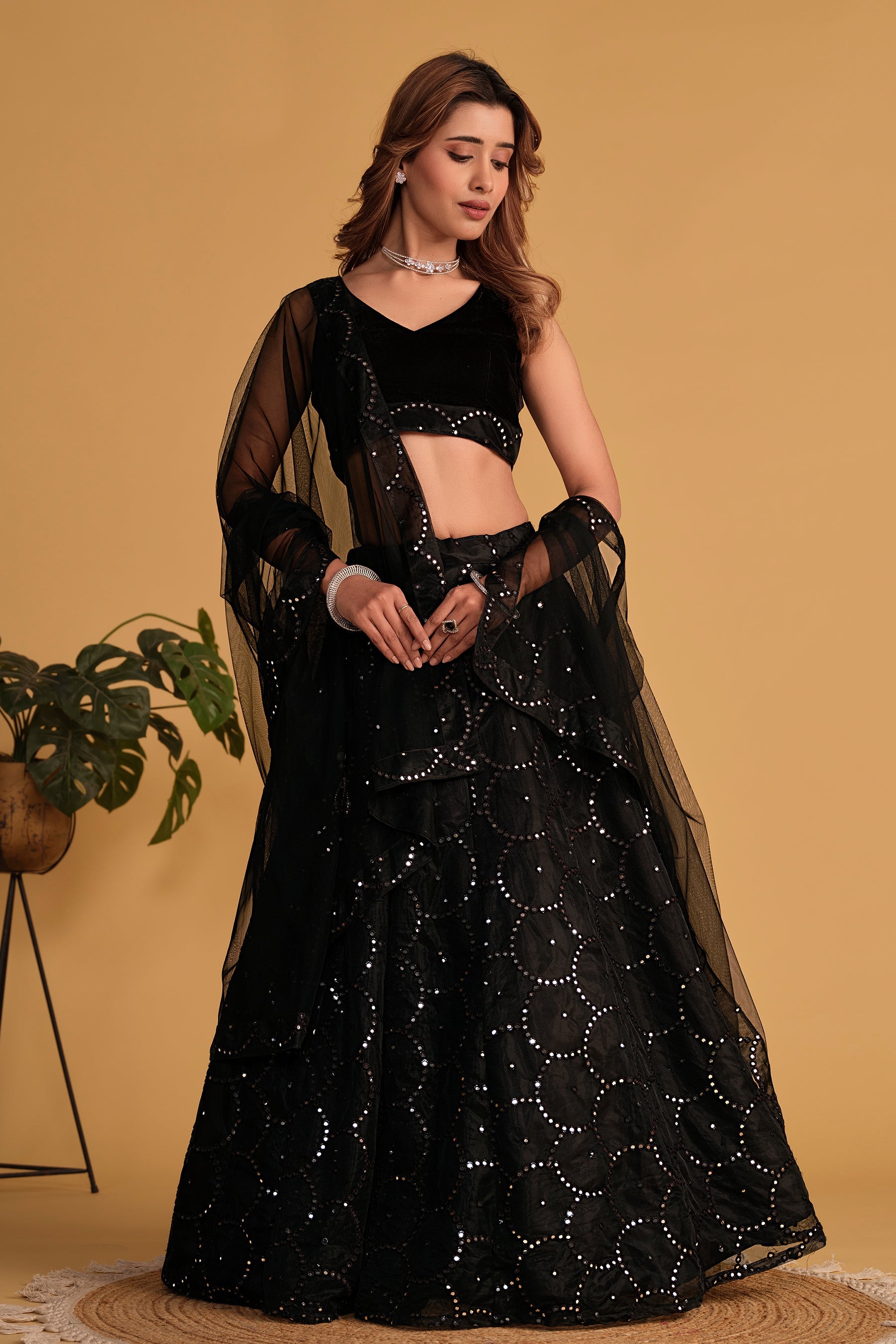 Jyoti Fashion Women's Black Georgette Sequins Thread Embroidered Lehenga Choli & Dupatta | Swadesiicart