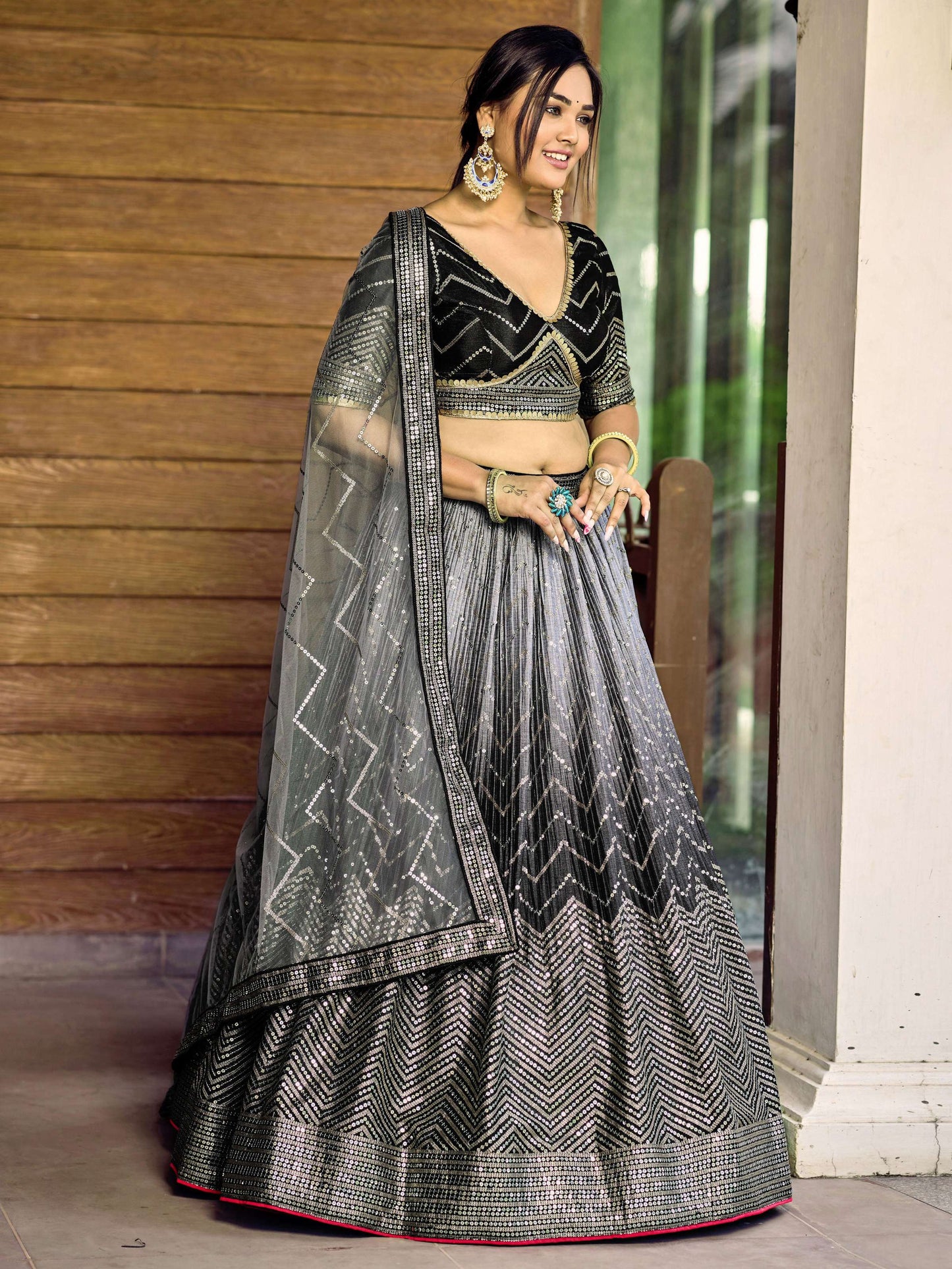 Jyoti Fashion Women's Black Chinon Sequins Thread Embroidered Lehenga Choli & Dupatta | Swadesiicart