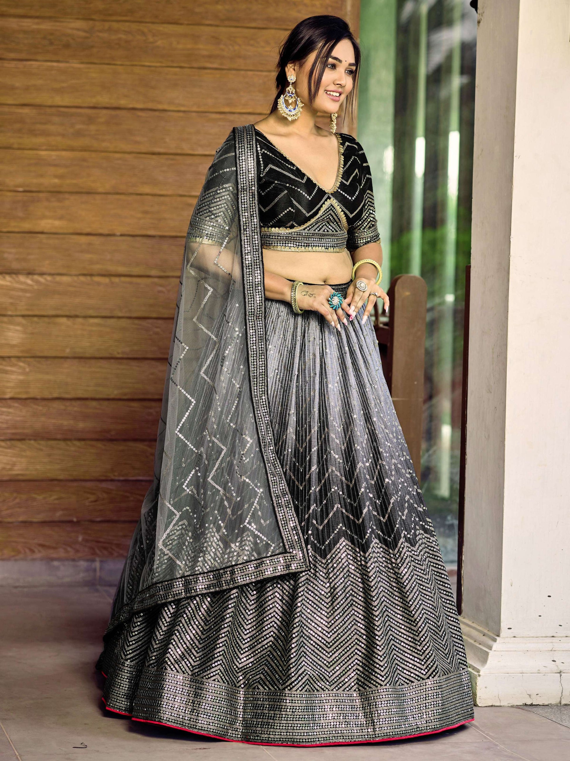 Jyoti Fashion Women's Black Chinon Sequins Thread Embroidered Lehenga Choli & Dupatta | Swadesiicart