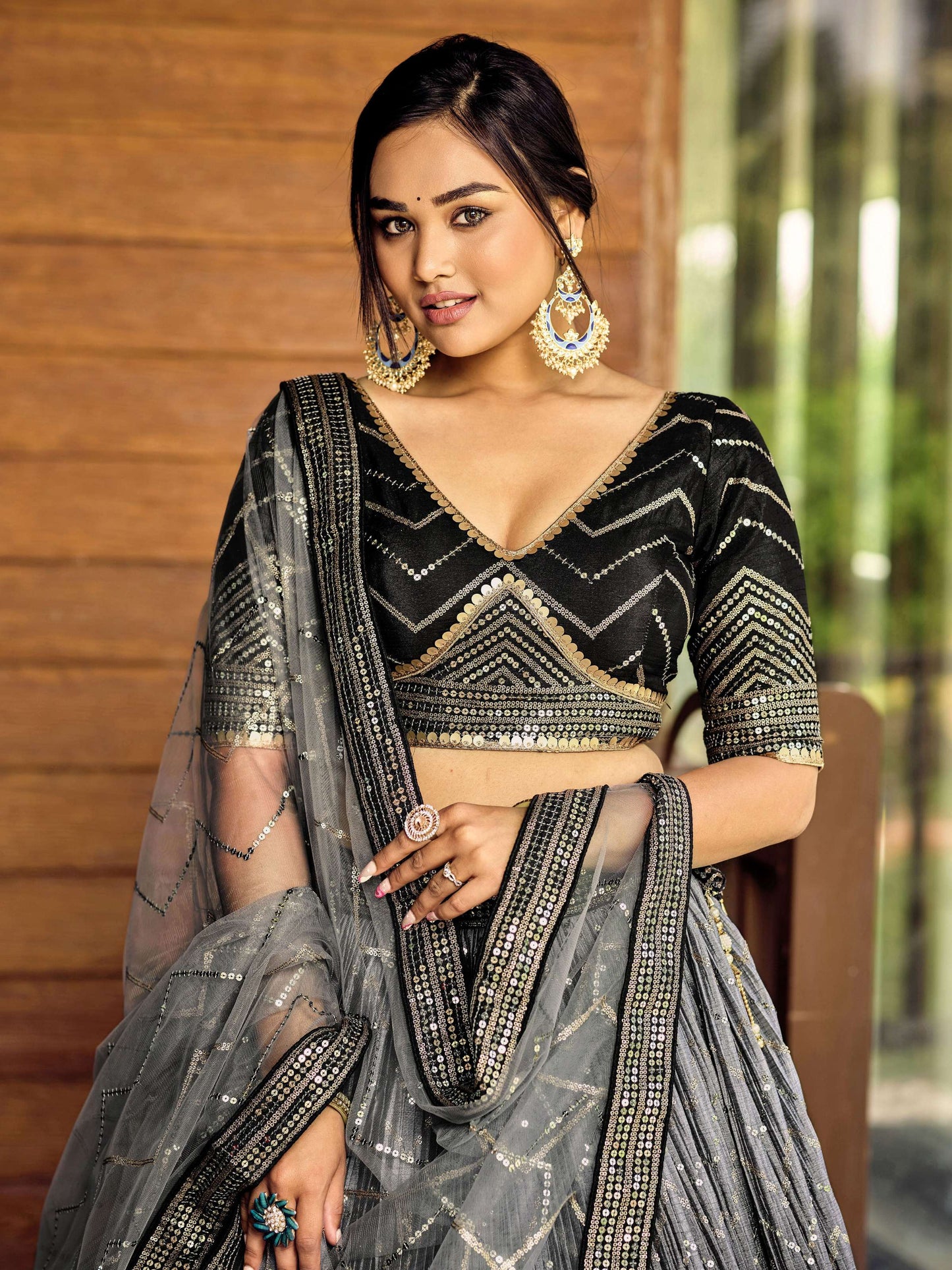 Jyoti Fashion Women's Black Chinon Sequins Thread Embroidered Lehenga Choli & Dupatta | Swadesiicart