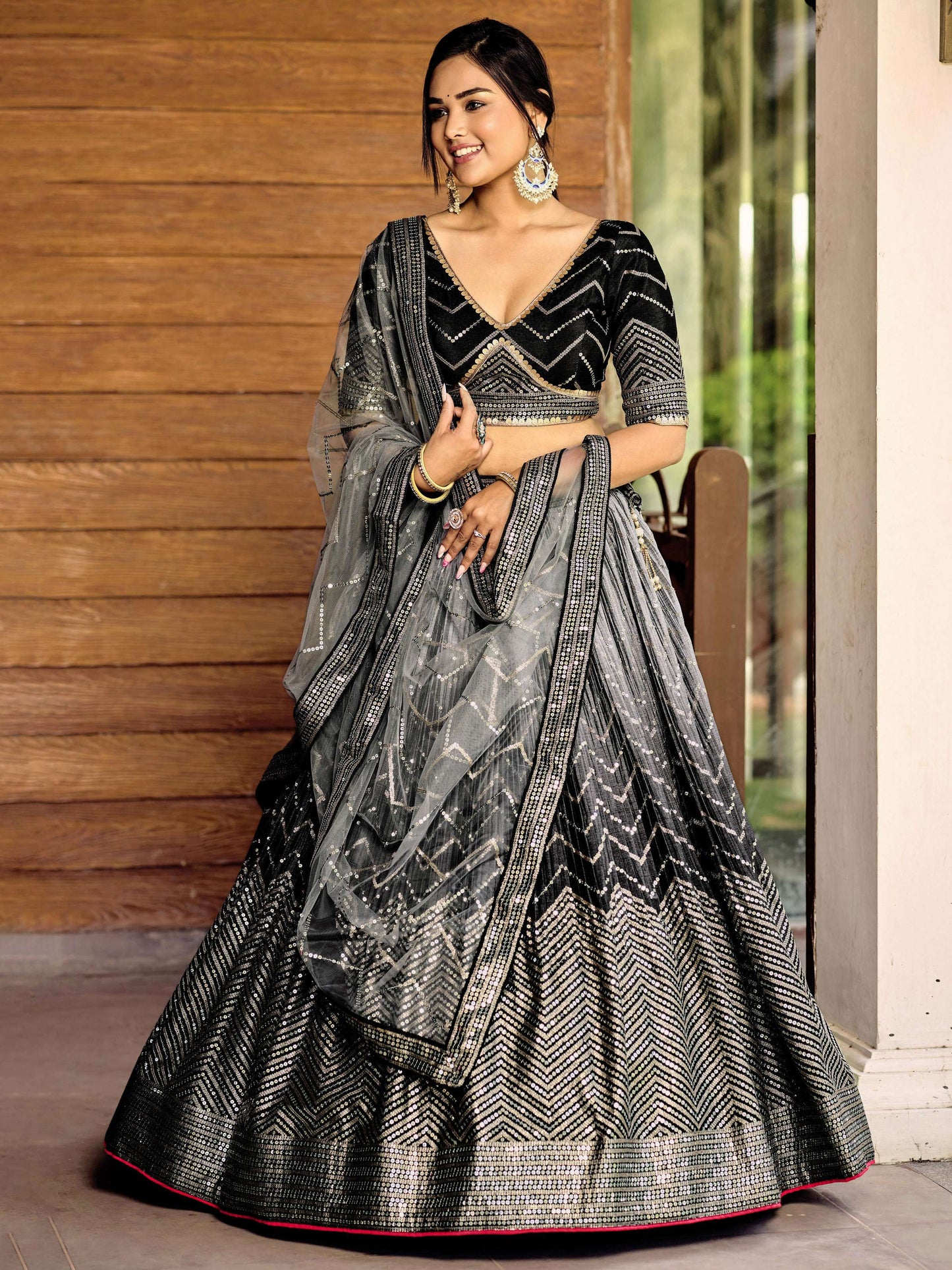 Jyoti Fashion Women's Black Chinon Sequins Thread Embroidered Lehenga Choli & Dupatta | Swadesiicart