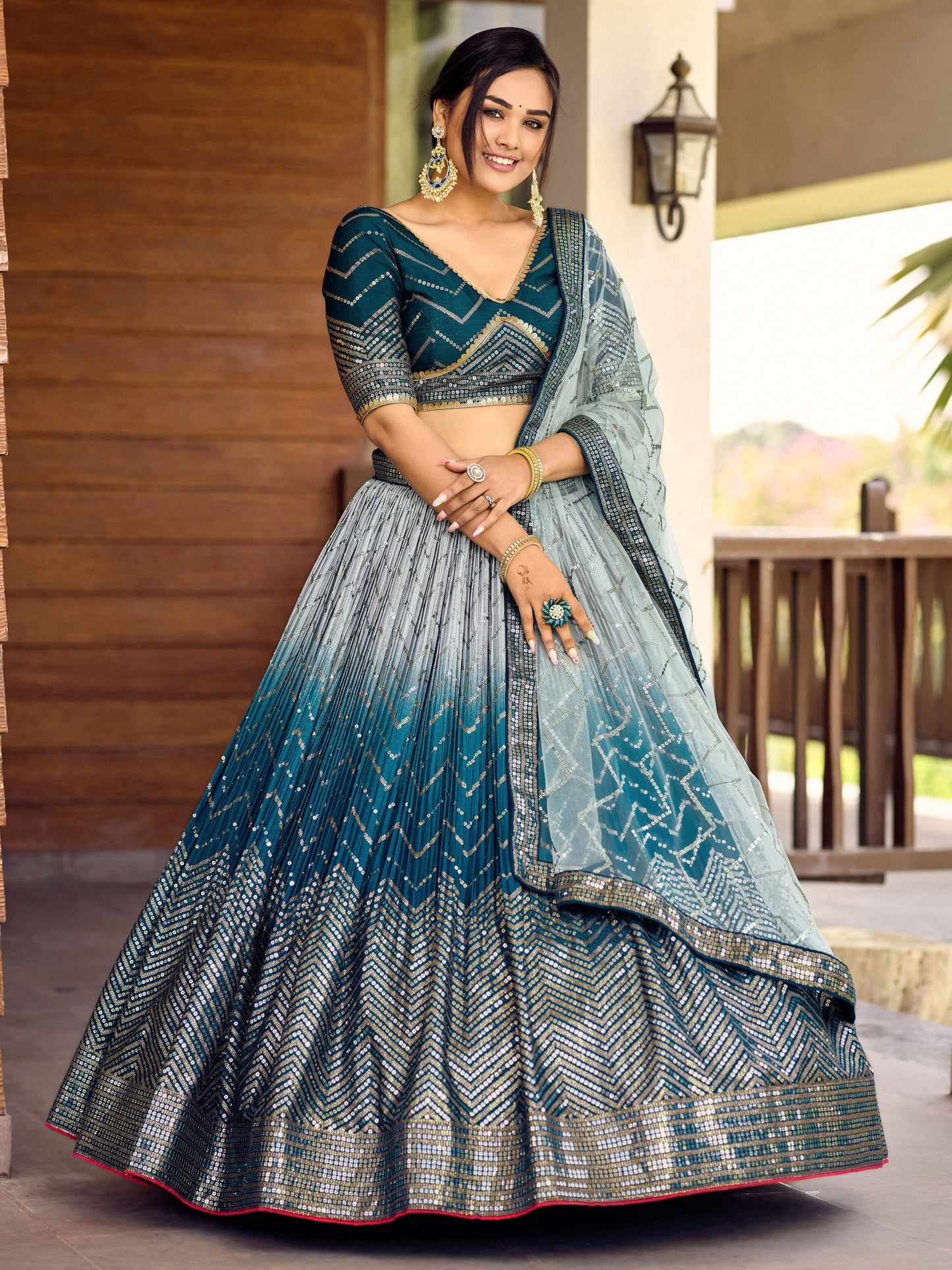 Jyoti Fashion Women's Blue Chinon Sequins Thread Embroidered Lehenga Choli & Dupatta | Swadesiicart