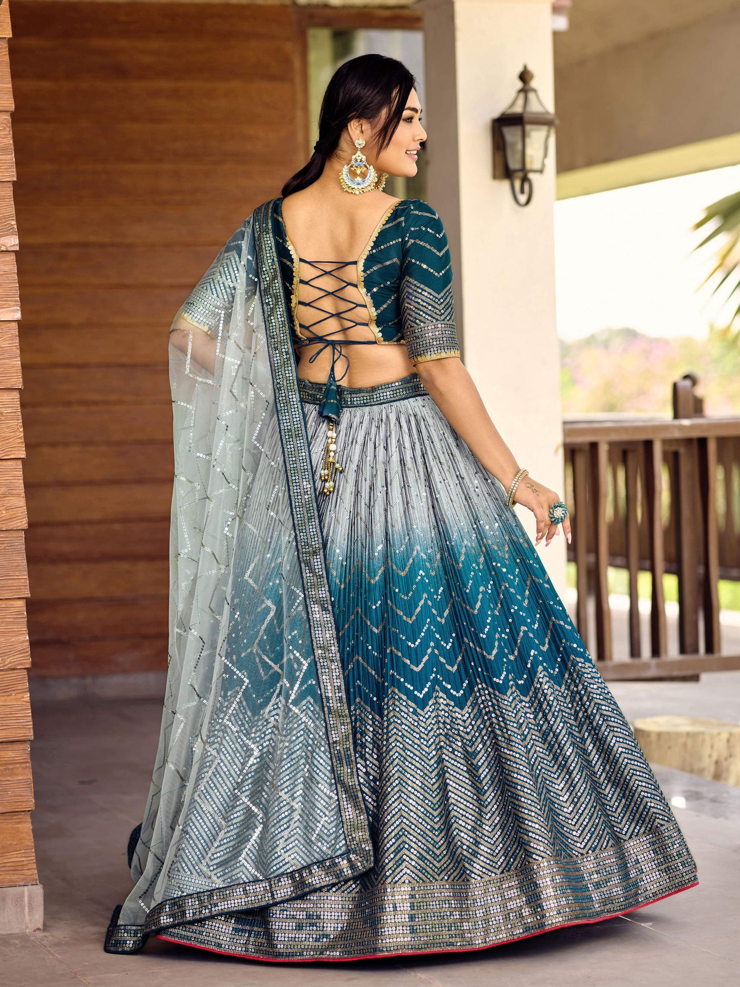Jyoti Fashion Women's Blue Chinon Sequins Thread Embroidered Lehenga Choli & Dupatta | Swadesiicart