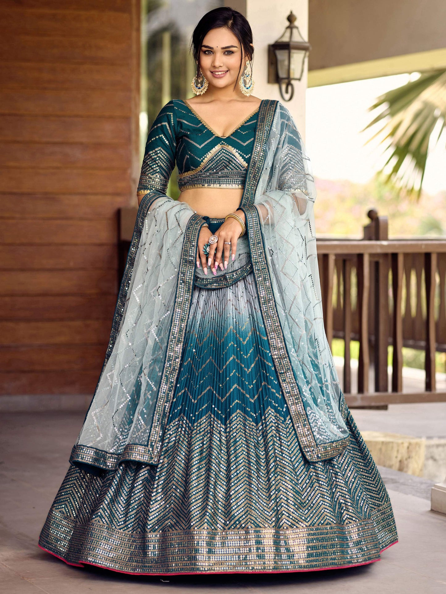 Jyoti Fashion Women's Blue Chinon Sequins Thread Embroidered Lehenga Choli & Dupatta | Swadesiicart