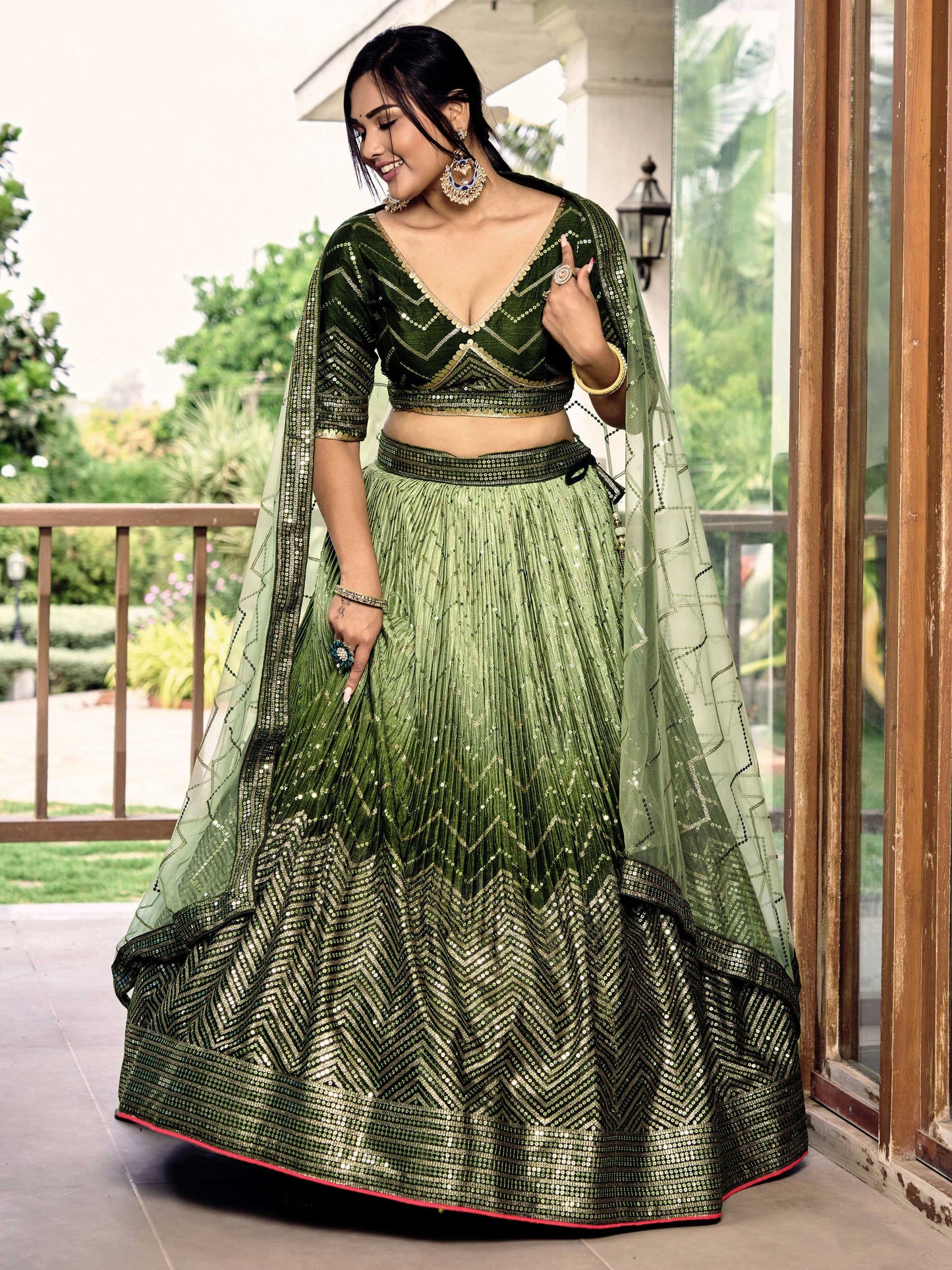 Jyoti Fashion Women's Green Chinon Sequins Thread Embroidered Lehenga Choli & Dupatta | Swadesiicart