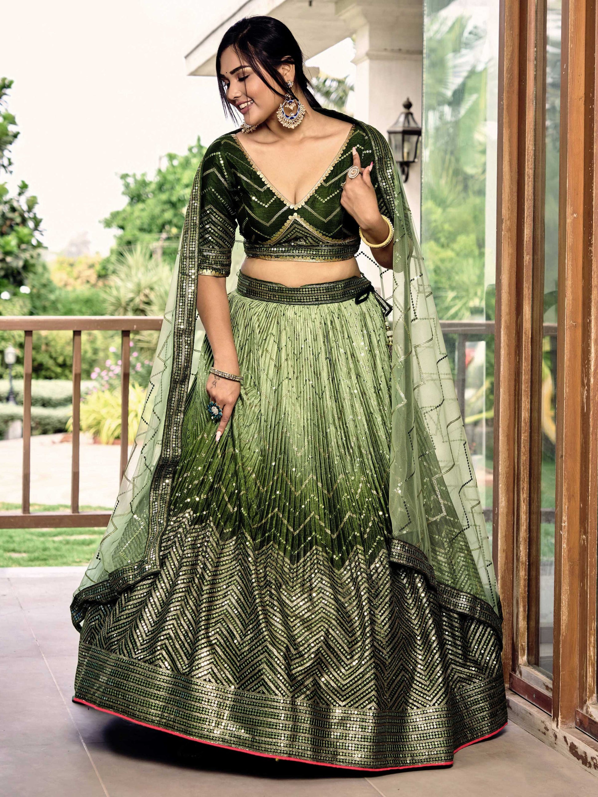 Jyoti Fashion Women's Green Chinon Sequins Thread Embroidered Lehenga Choli & Dupatta | Swadesiicart