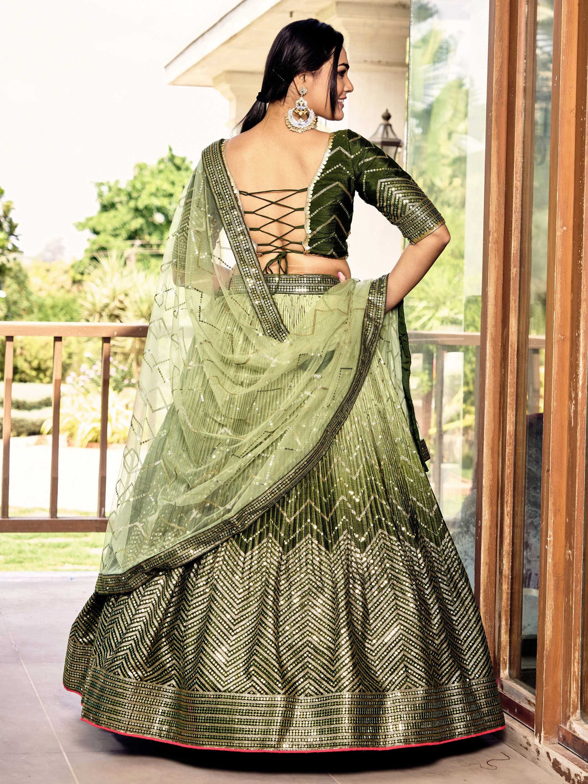 Jyoti Fashion Women's Green Chinon Sequins Thread Embroidered Lehenga Choli & Dupatta | Swadesiicart
