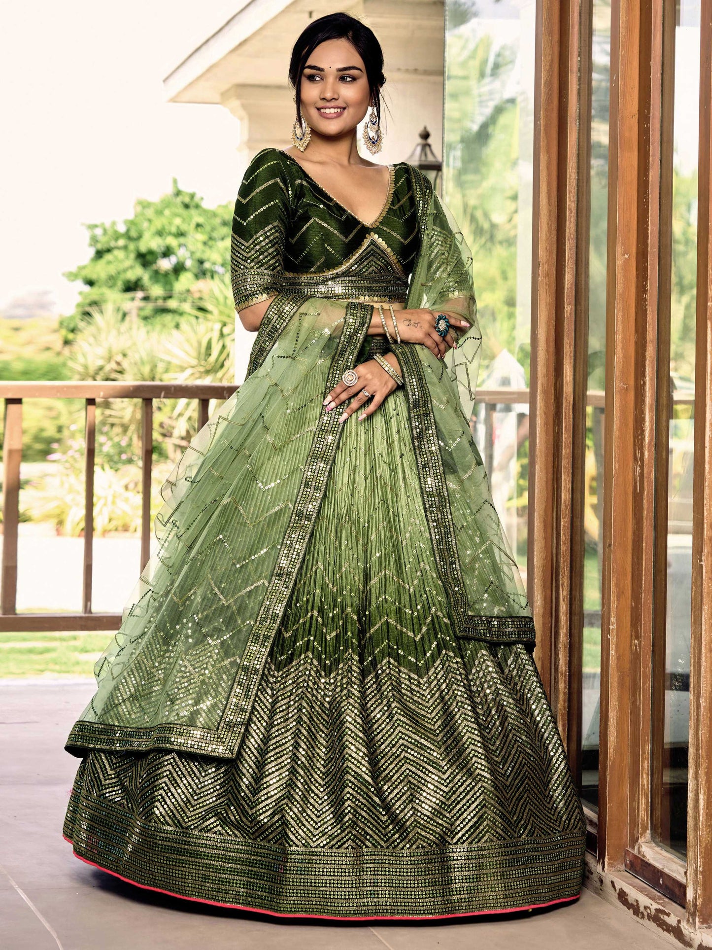 Jyoti Fashion Women's Green Chinon Sequins Thread Embroidered Lehenga Choli & Dupatta | Swadesiicart