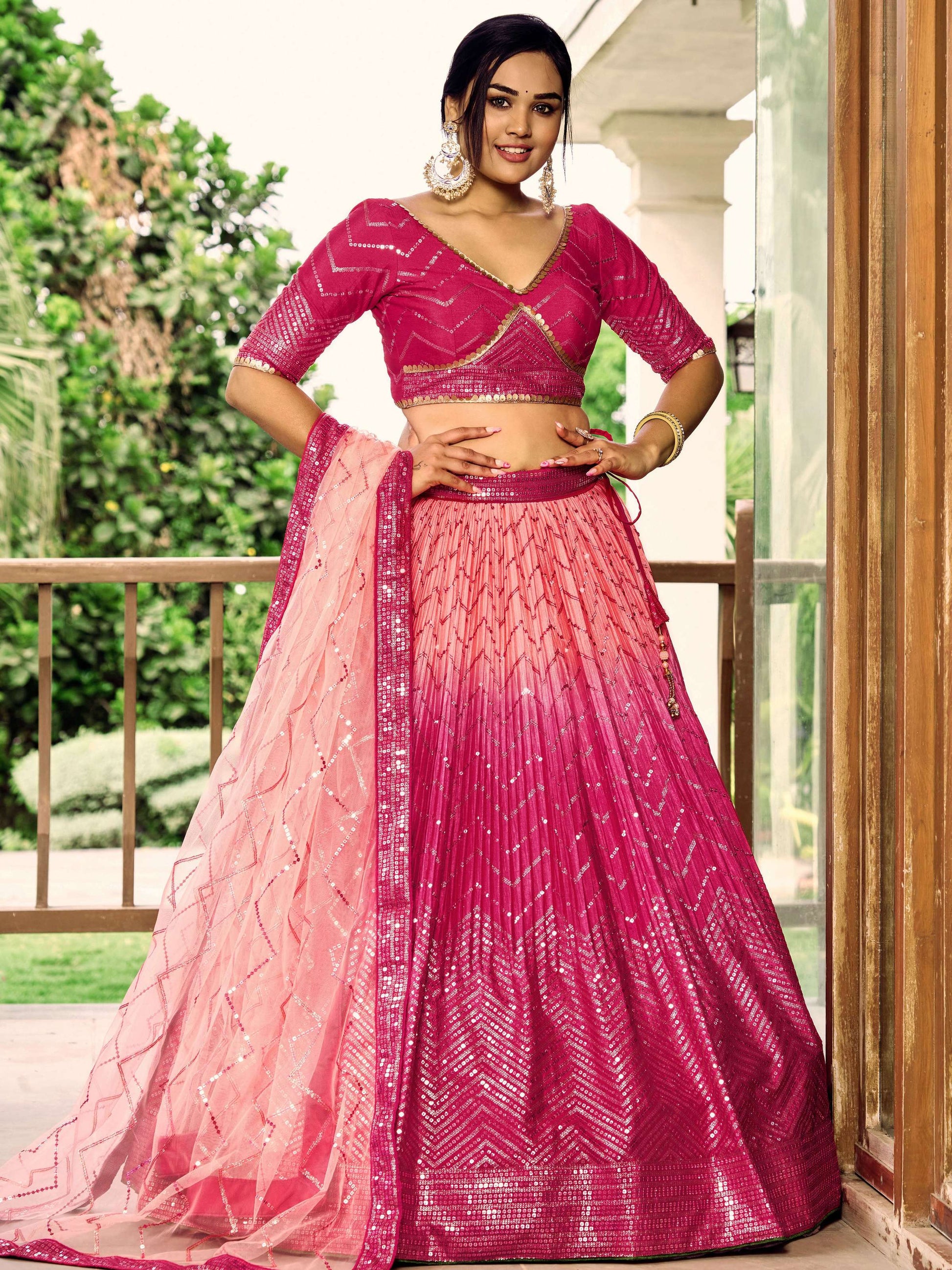 Jyoti Fashion Women's Pink Chinon Sequins Thread Embroidered Lehenga Choli & Dupatta | Swadesiicart