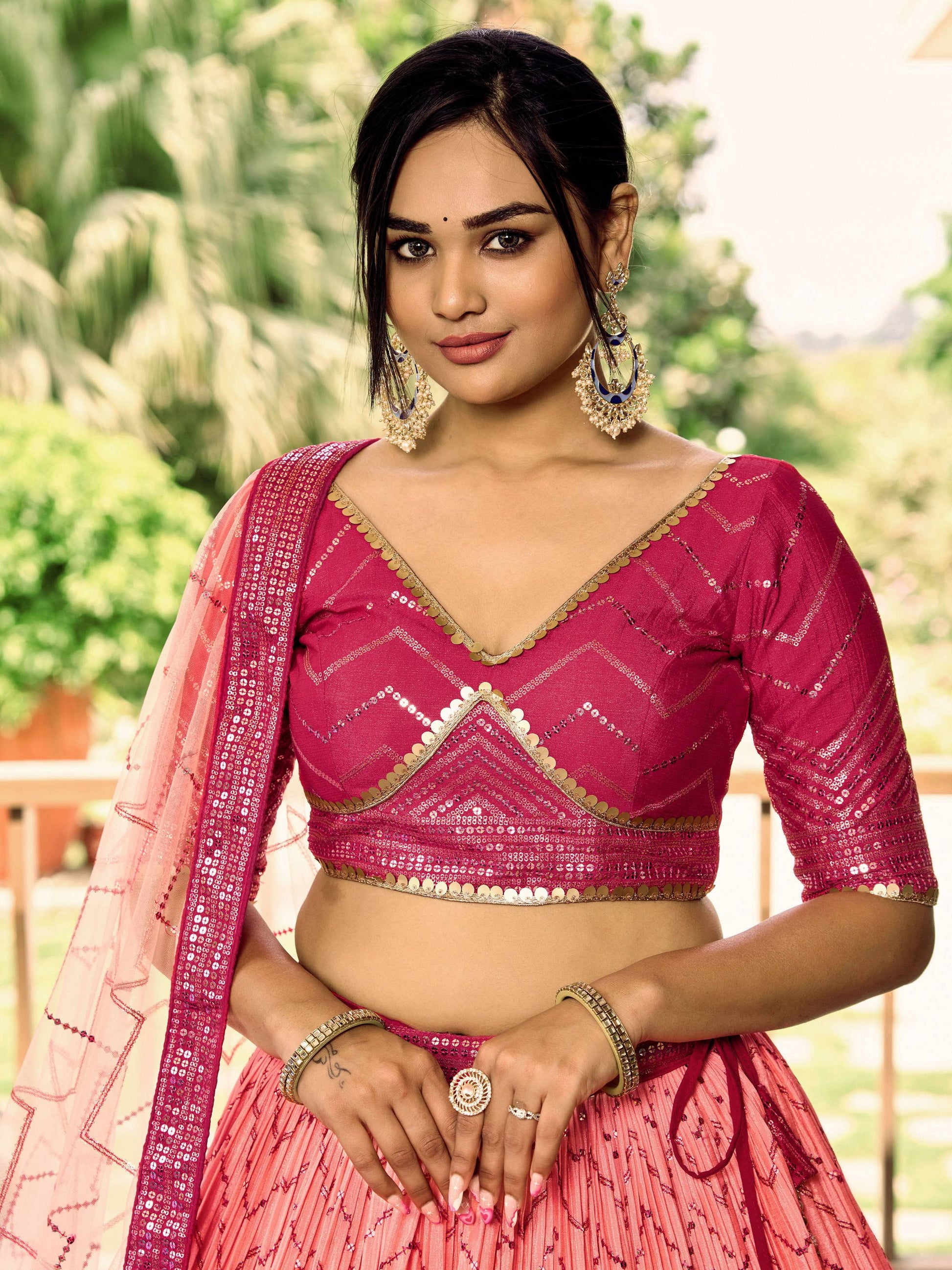 Jyoti Fashion Women's Pink Chinon Sequins Thread Embroidered Lehenga Choli & Dupatta | Swadesiicart