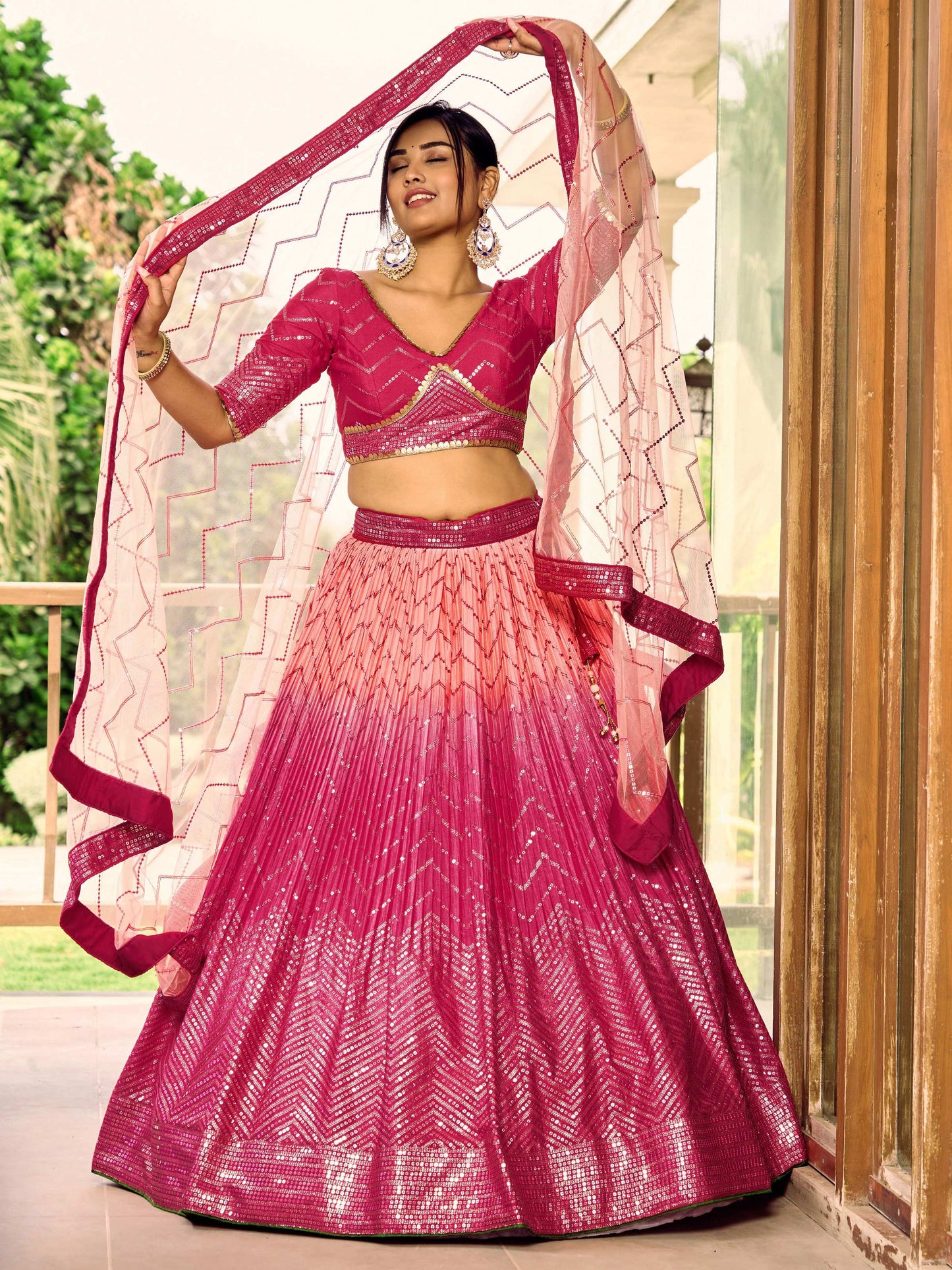 Jyoti Fashion Women's Pink Chinon Sequins Thread Embroidered Lehenga Choli & Dupatta | Swadesiicart