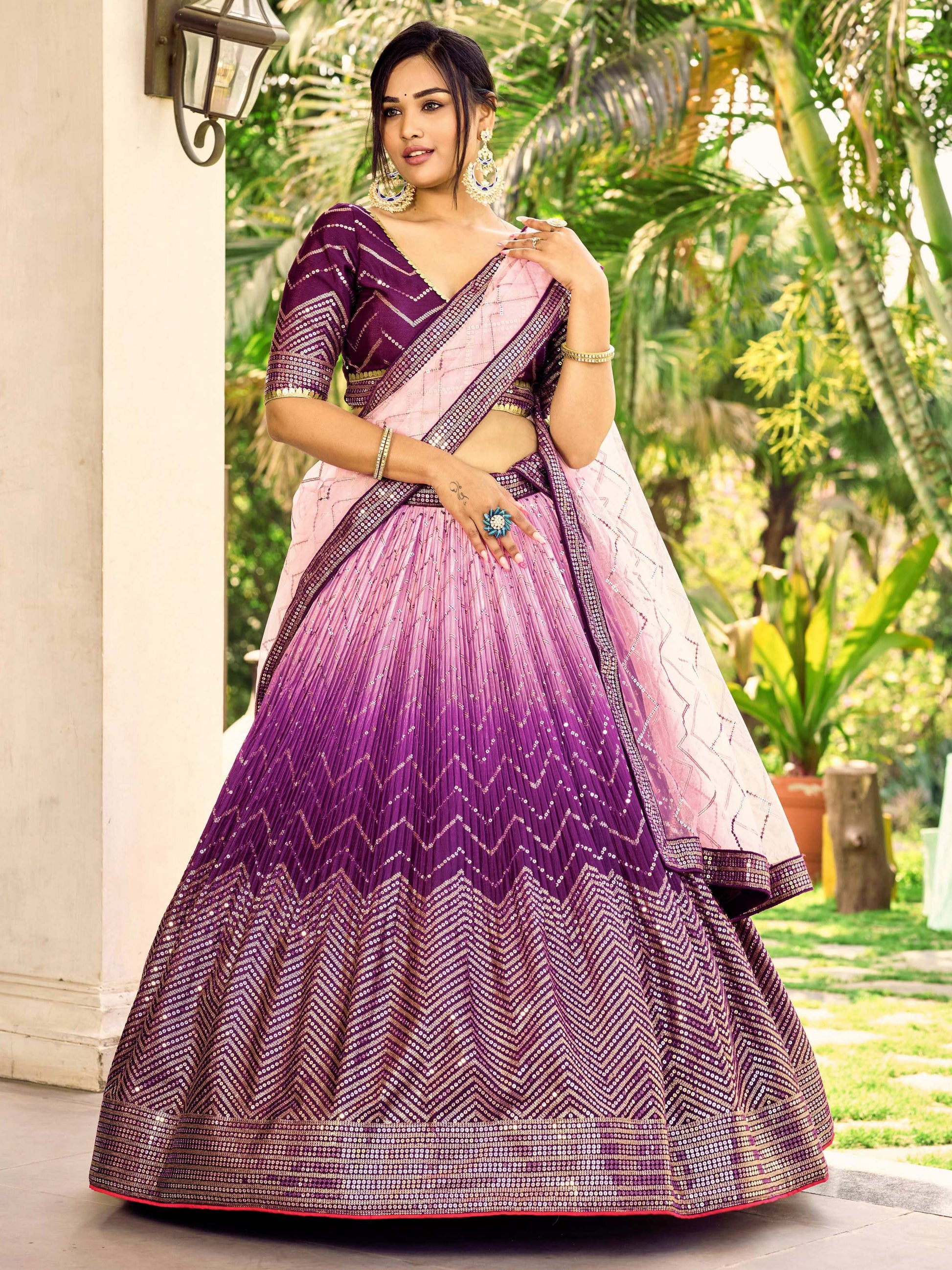 Jyoti Fashion Women's Purple Chinon Sequins Thread Embroidered Lehenga Choli & Dupatta | Swadesiicart