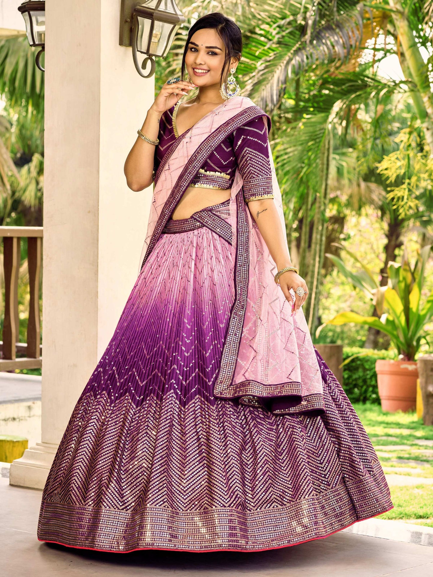 Jyoti Fashion Women's Purple Chinon Sequins Thread Embroidered Lehenga Choli & Dupatta | Swadesiicart