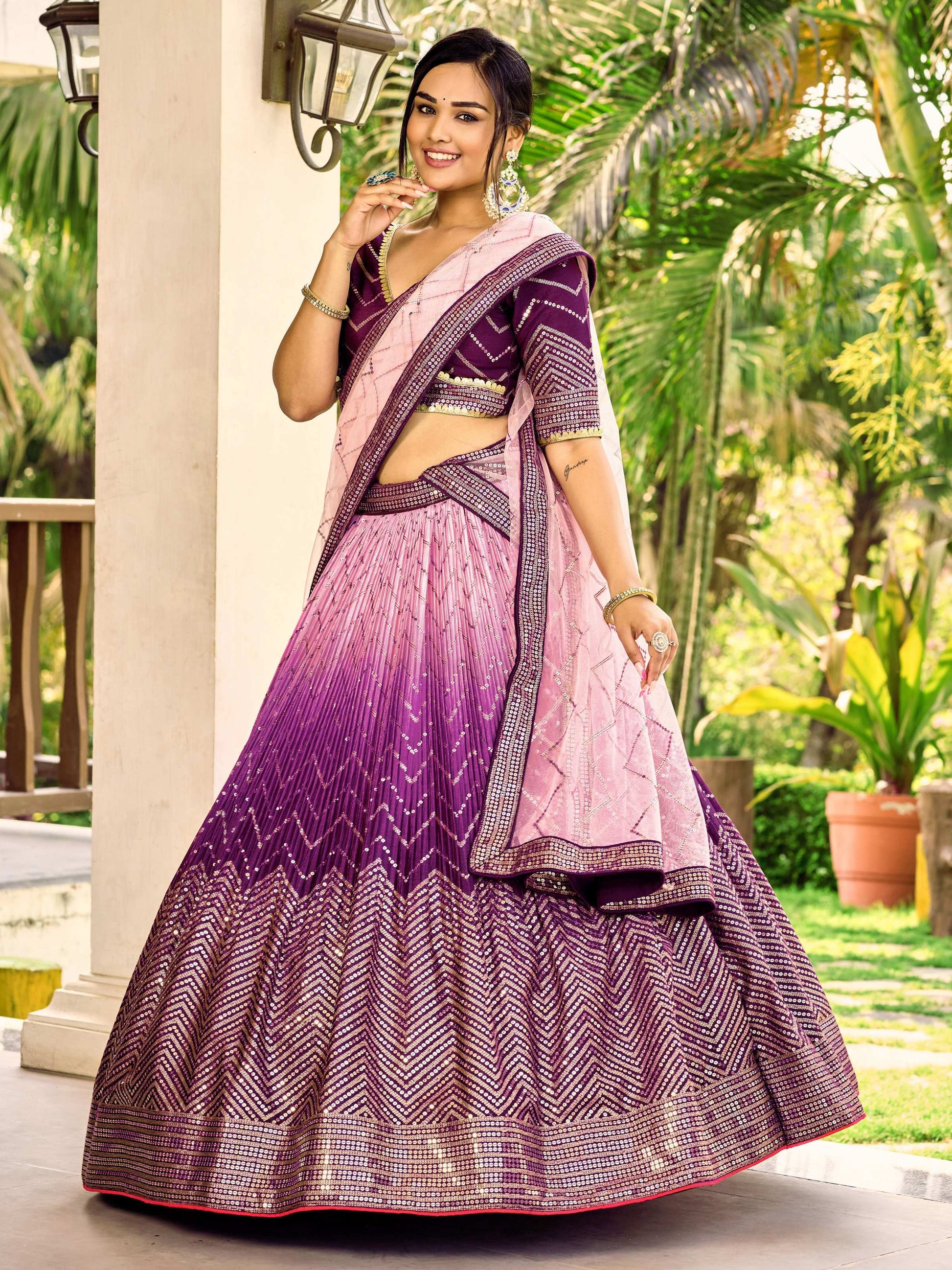 Jyoti Fashion Women's Purple Chinon Sequins Thread Embroidered Lehenga Choli & Dupatta | Swadesiicart