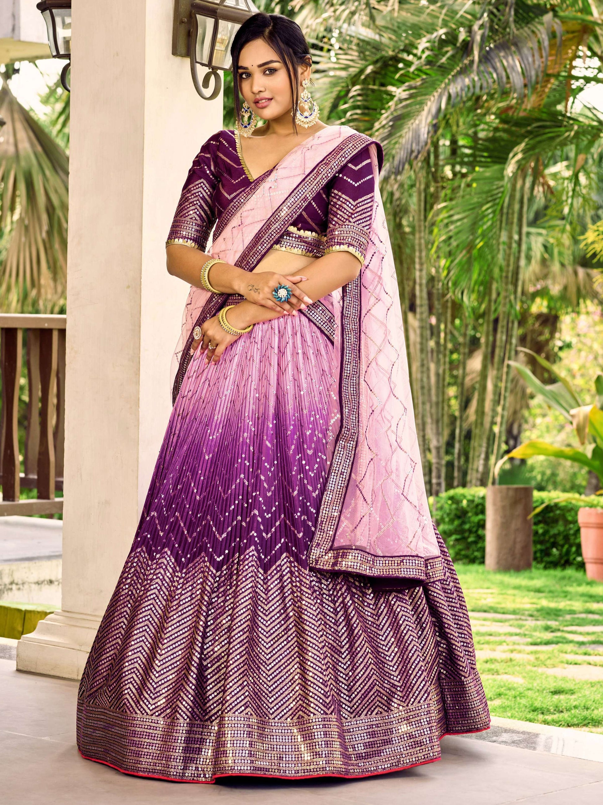 Jyoti Fashion Women's Purple Chinon Sequins Thread Embroidered Lehenga Choli & Dupatta | Swadesiicart