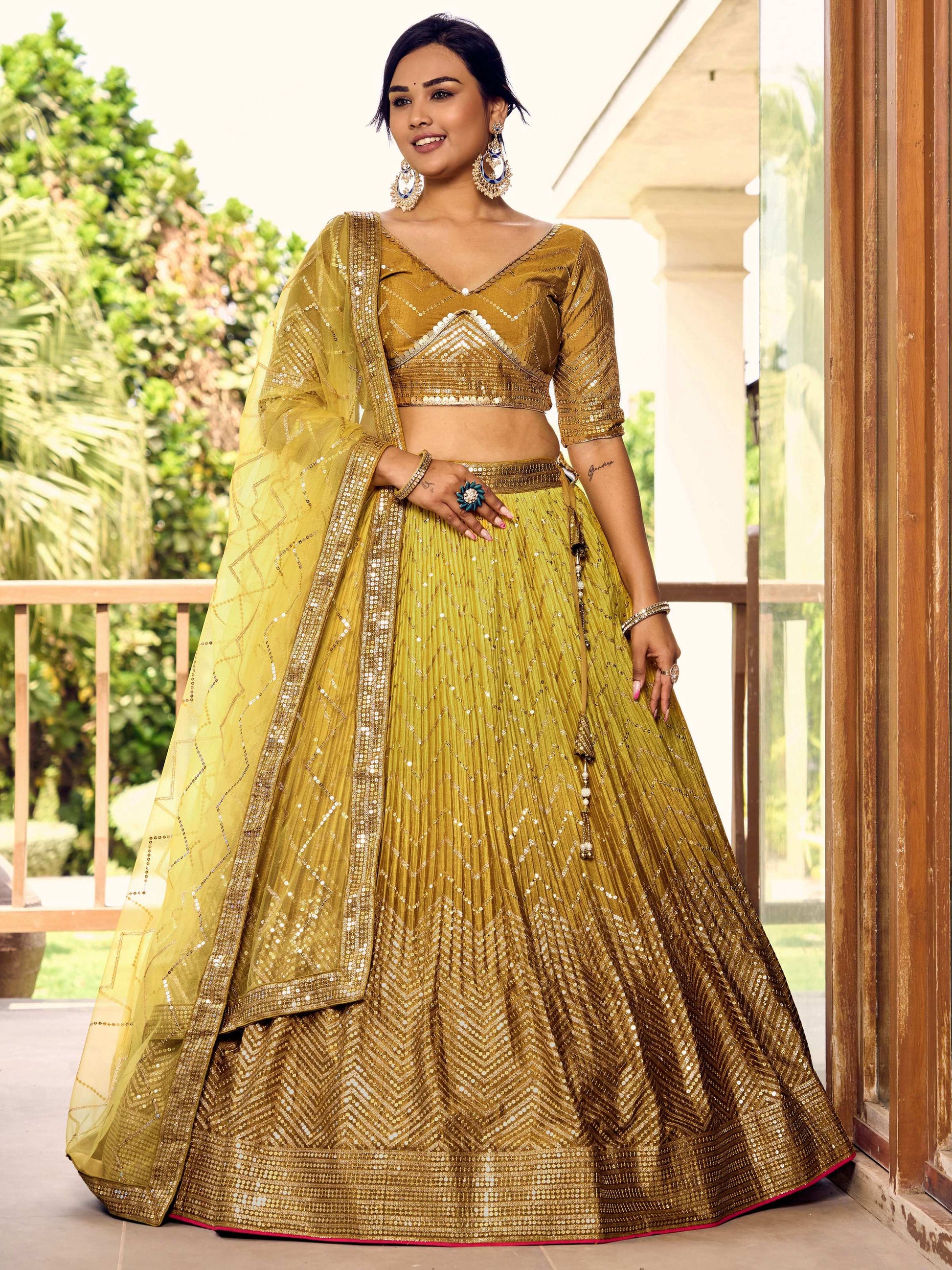Jyoti Fashion Women's Yellow Chinon Sequins Thread Embroidered Lehenga Choli & Dupatta | Swadesiicart