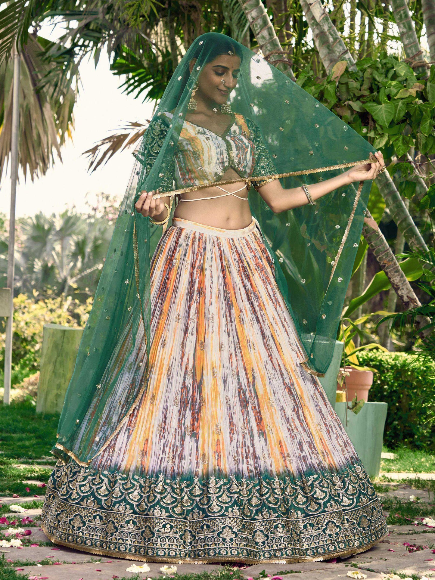 Jyoti Fashion Women's Green Chinon Digital Print with Sequins Zari Embroidered Lehenga Choli & Dupatta | Swadesiicart
