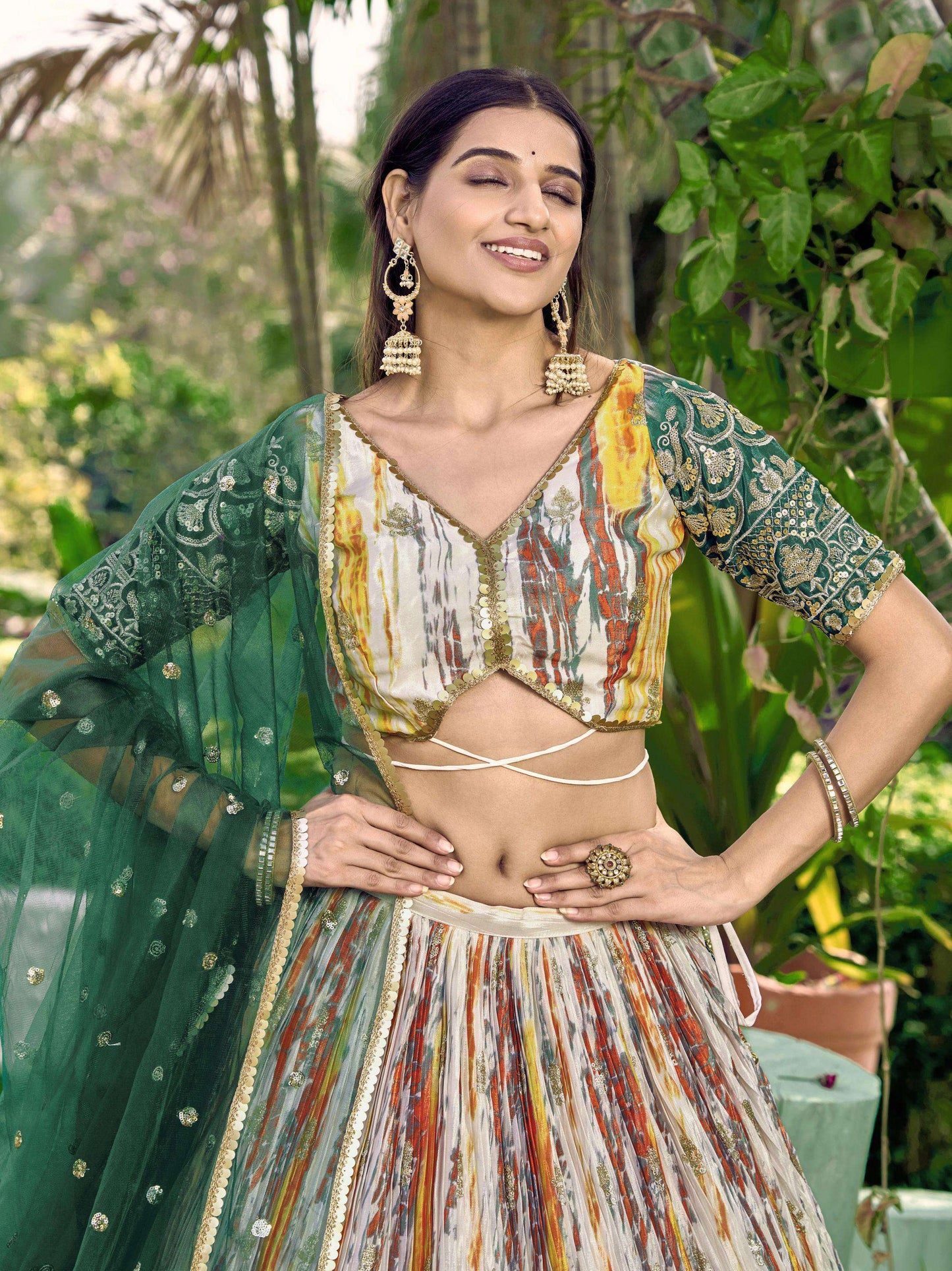 Jyoti Fashion Women's Green Chinon Digital Print with Sequins Zari Embroidered Lehenga Choli & Dupatta | Swadesiicart