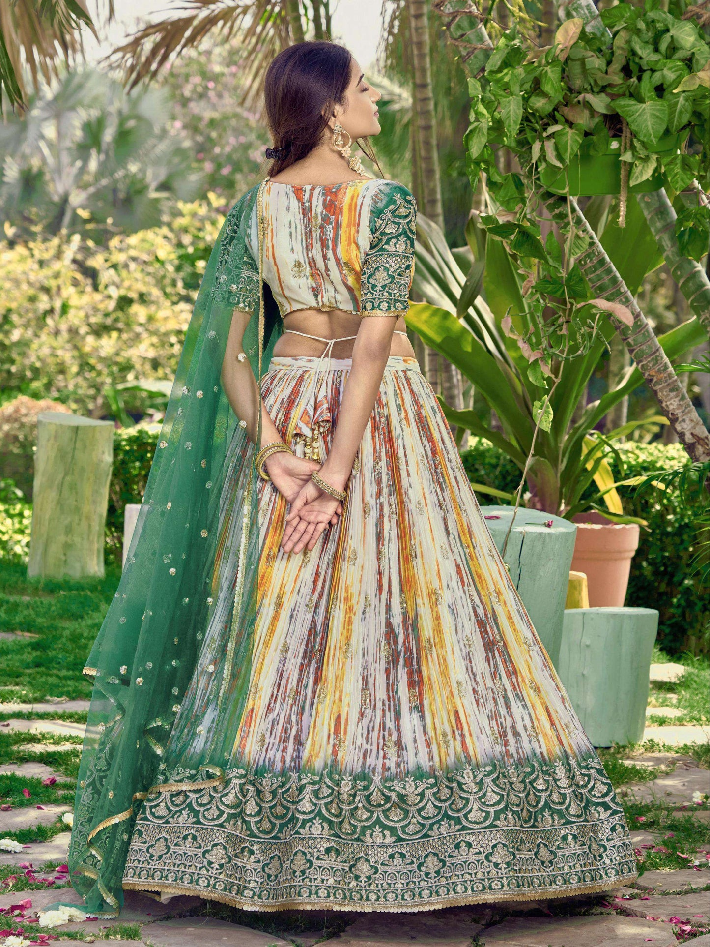 Jyoti Fashion Women's Green Chinon Digital Print with Sequins Zari Embroidered Lehenga Choli & Dupatta | Swadesiicart
