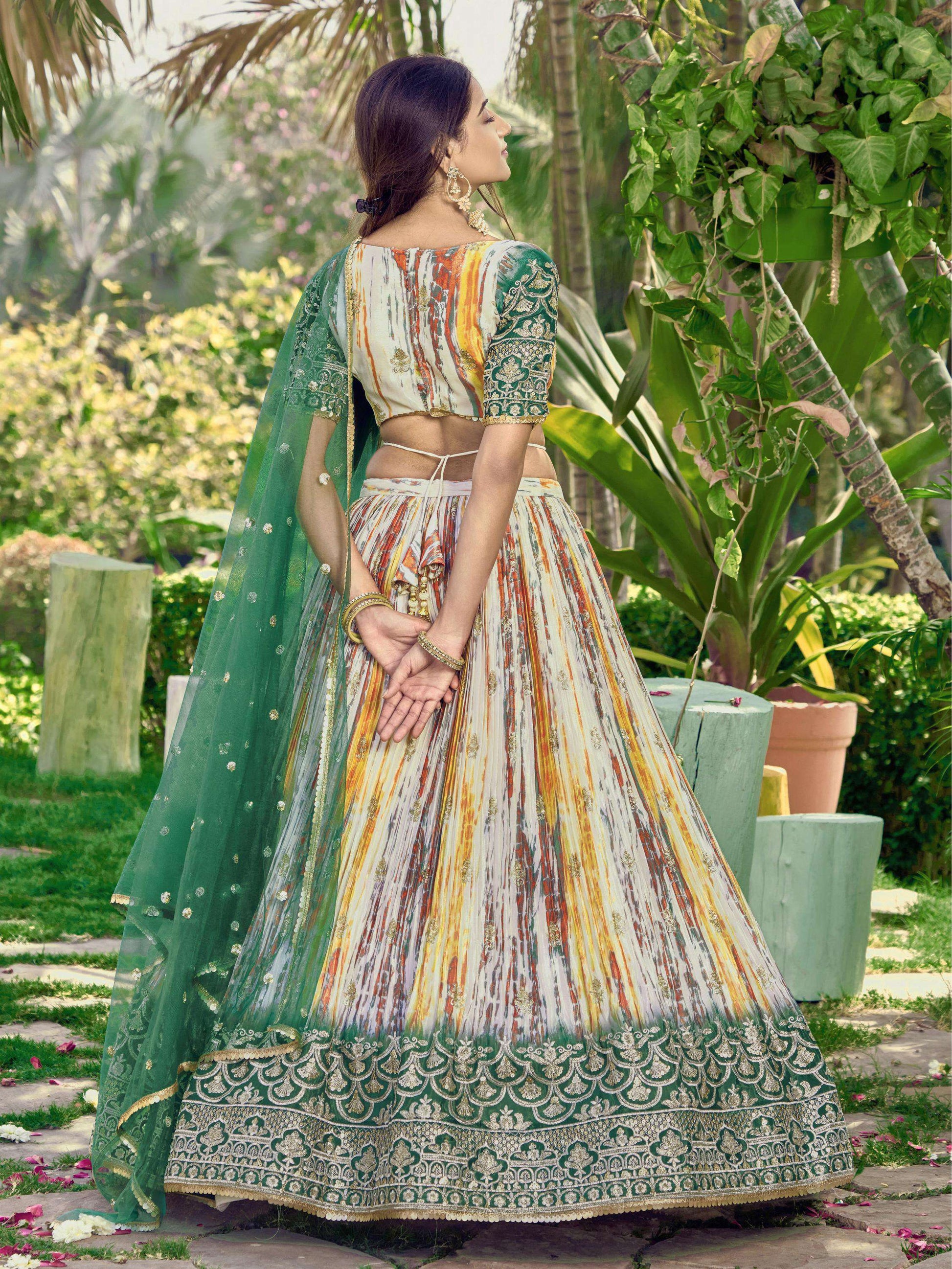 Jyoti Fashion Women's Green Chinon Digital Print with Sequins Zari Embroidered Lehenga Choli & Dupatta | Swadesiicart