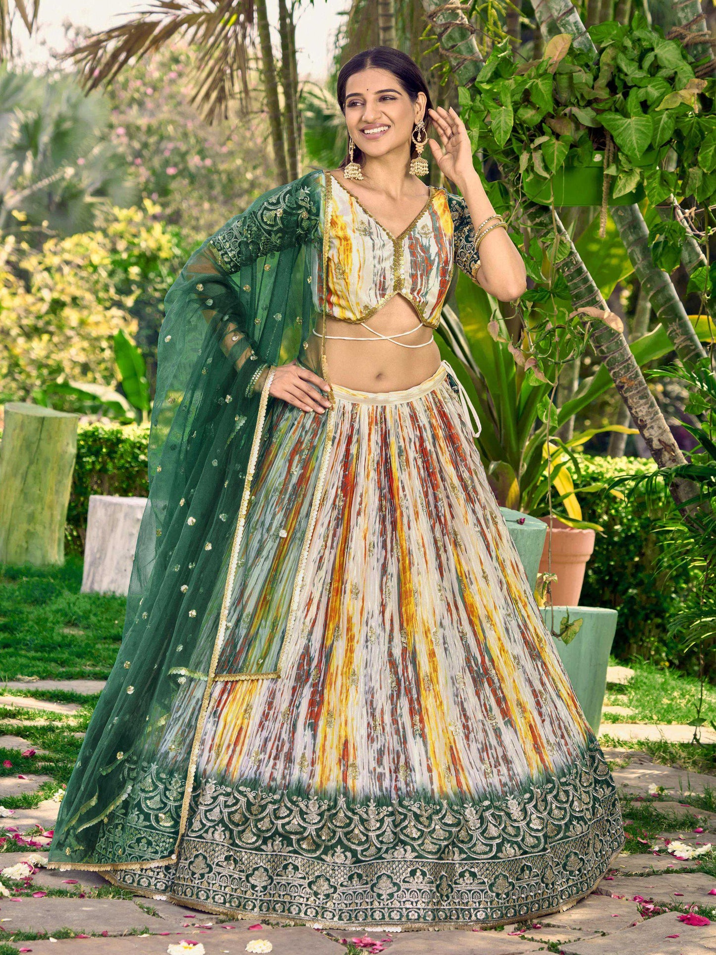 Jyoti Fashion Women's Green Chinon Digital Print with Sequins Zari Embroidered Lehenga Choli & Dupatta | Swadesiicart