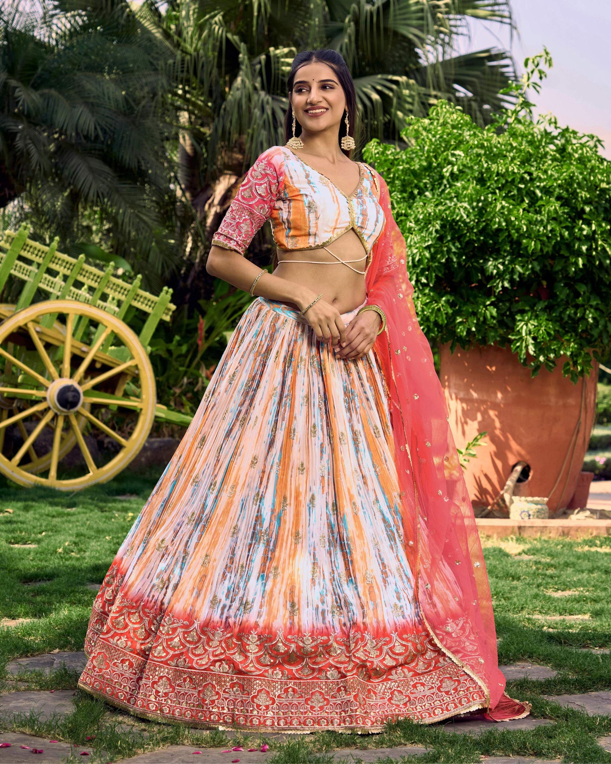 Jyoti Fashion Women's Pink Chinon Digital Print with Sequins Zari Embroidered Lehenga Choli & Dupatta | Swadesiicart