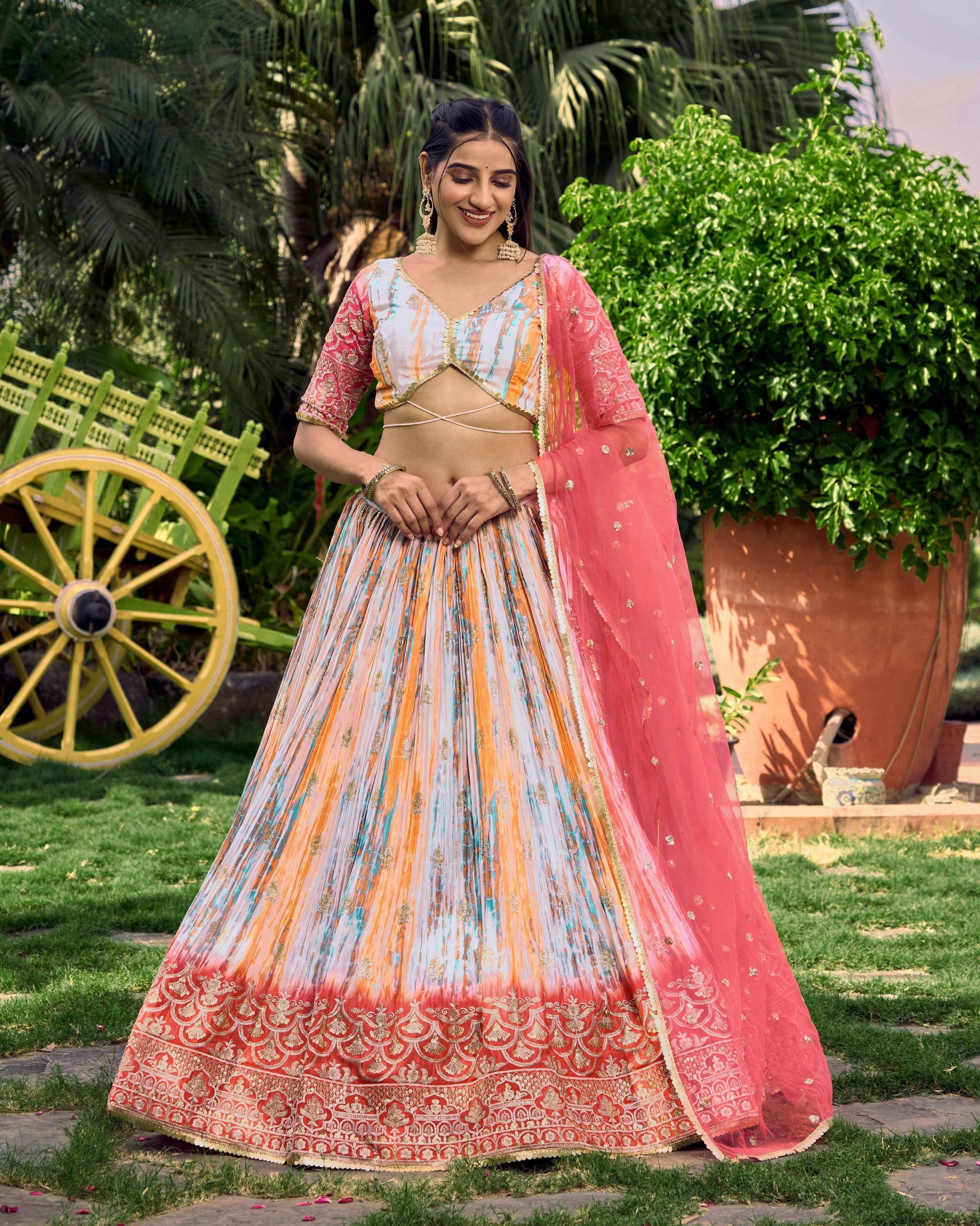 Jyoti Fashion Women's Pink Chinon Digital Print with Sequins Zari Embroidered Lehenga Choli & Dupatta | Swadesiicart