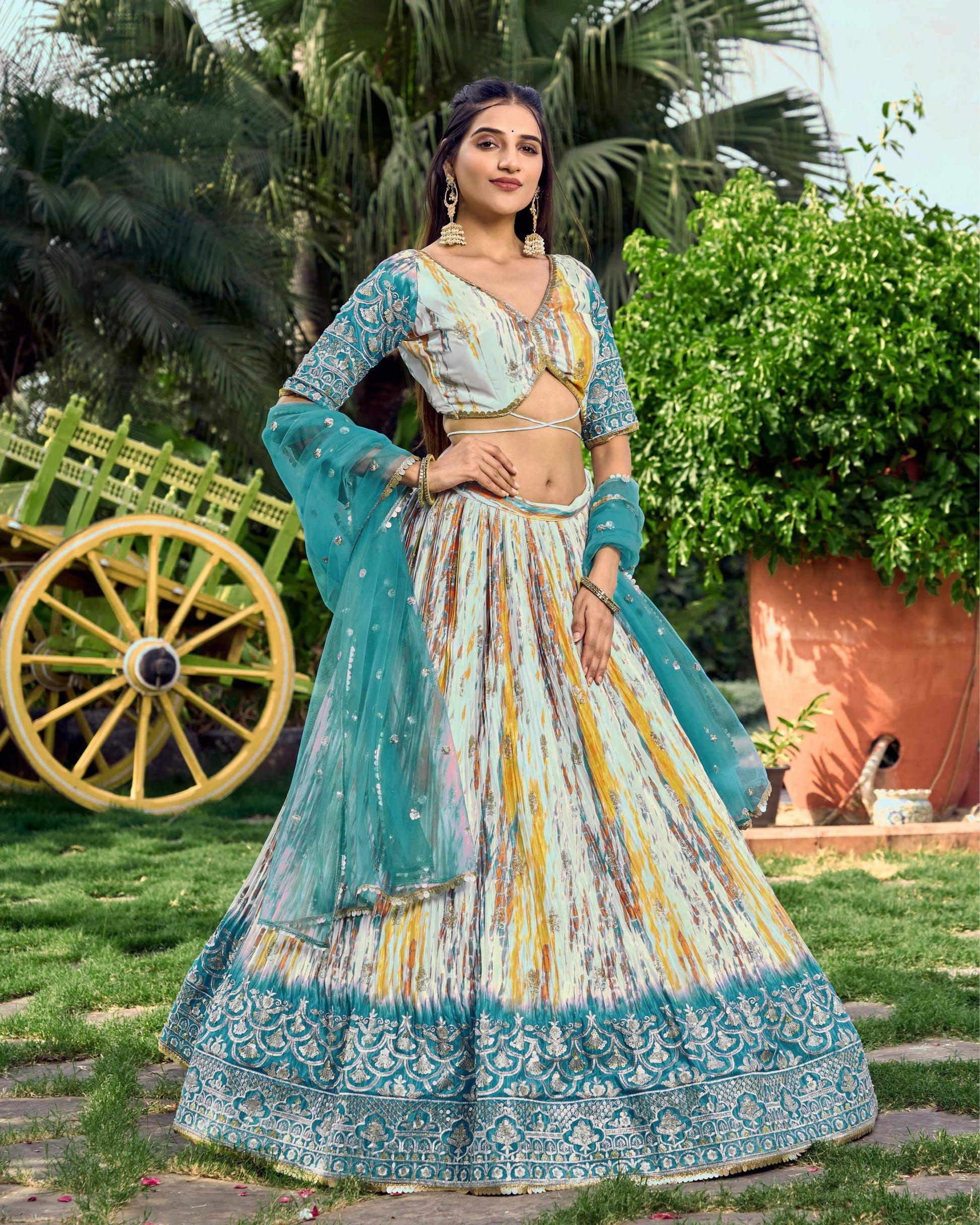 Jyoti Fashion Women's Rama Chinon Digital Print with Sequins Zari Embroidered Lehenga Choli & Dupatta | Swadesiicart