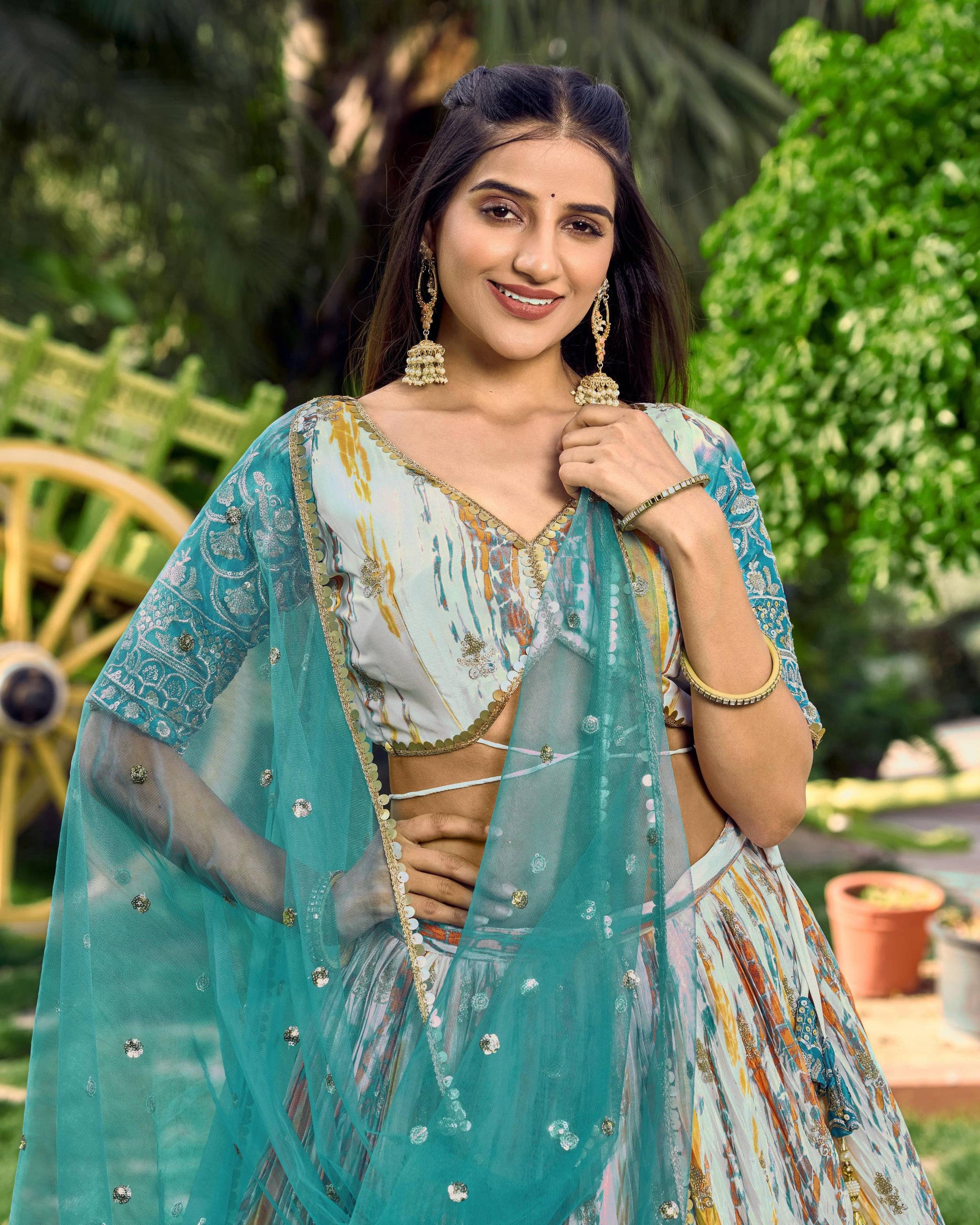 Jyoti Fashion Women's Rama Chinon Digital Print with Sequins Zari Embroidered Lehenga Choli & Dupatta | Swadesiicart