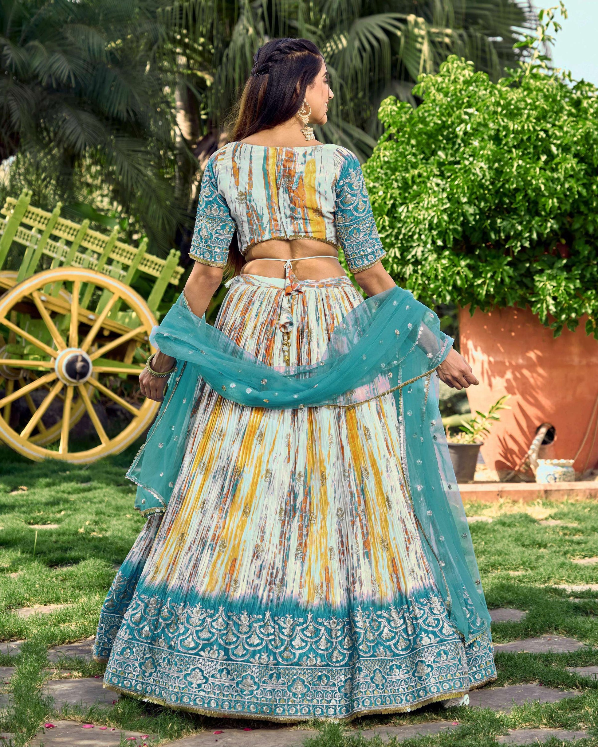 Jyoti Fashion Women's Rama Chinon Digital Print with Sequins Zari Embroidered Lehenga Choli & Dupatta | Swadesiicart