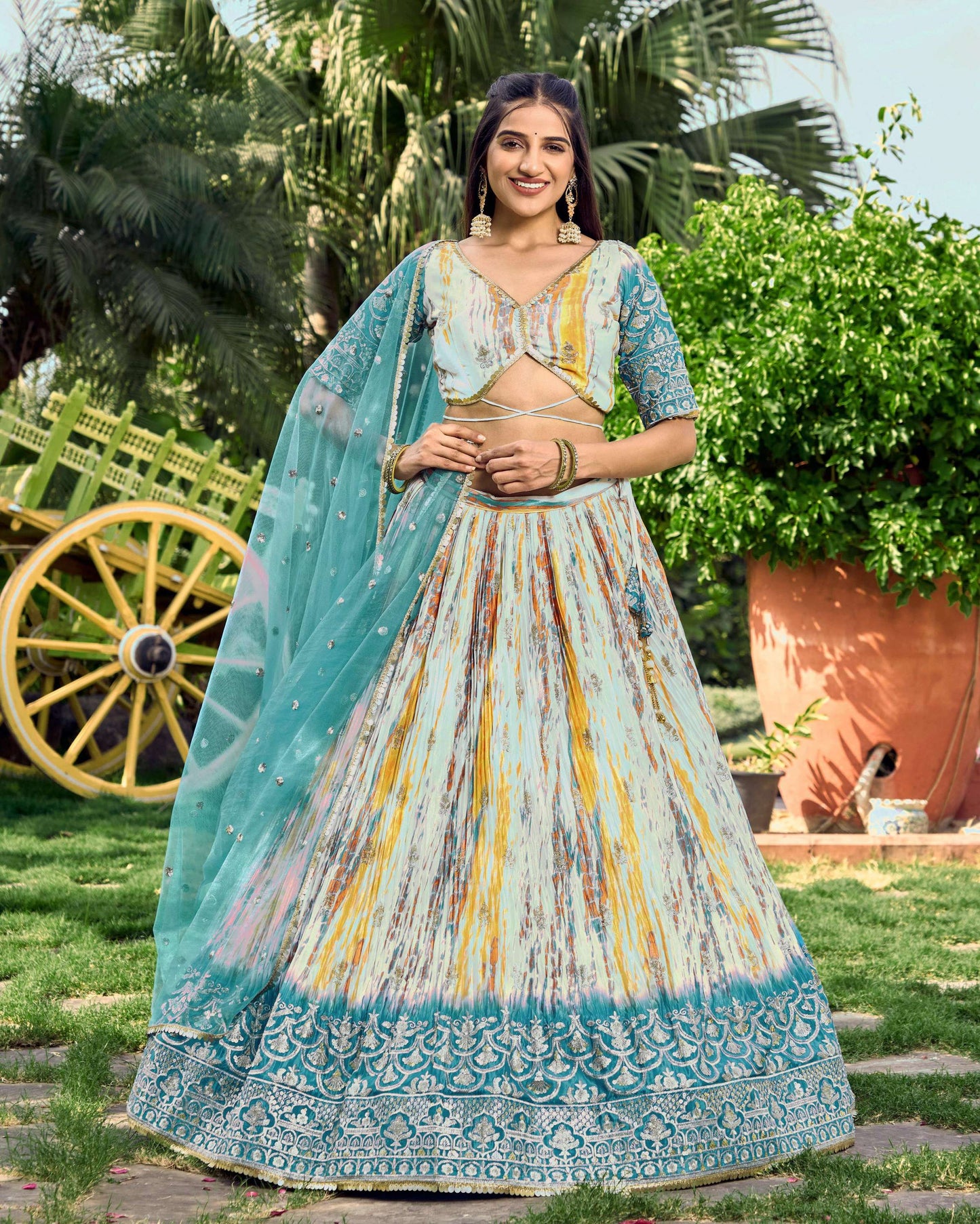 Jyoti Fashion Women's Rama Chinon Digital Print with Sequins Zari Embroidered Lehenga Choli & Dupatta | Swadesiicart