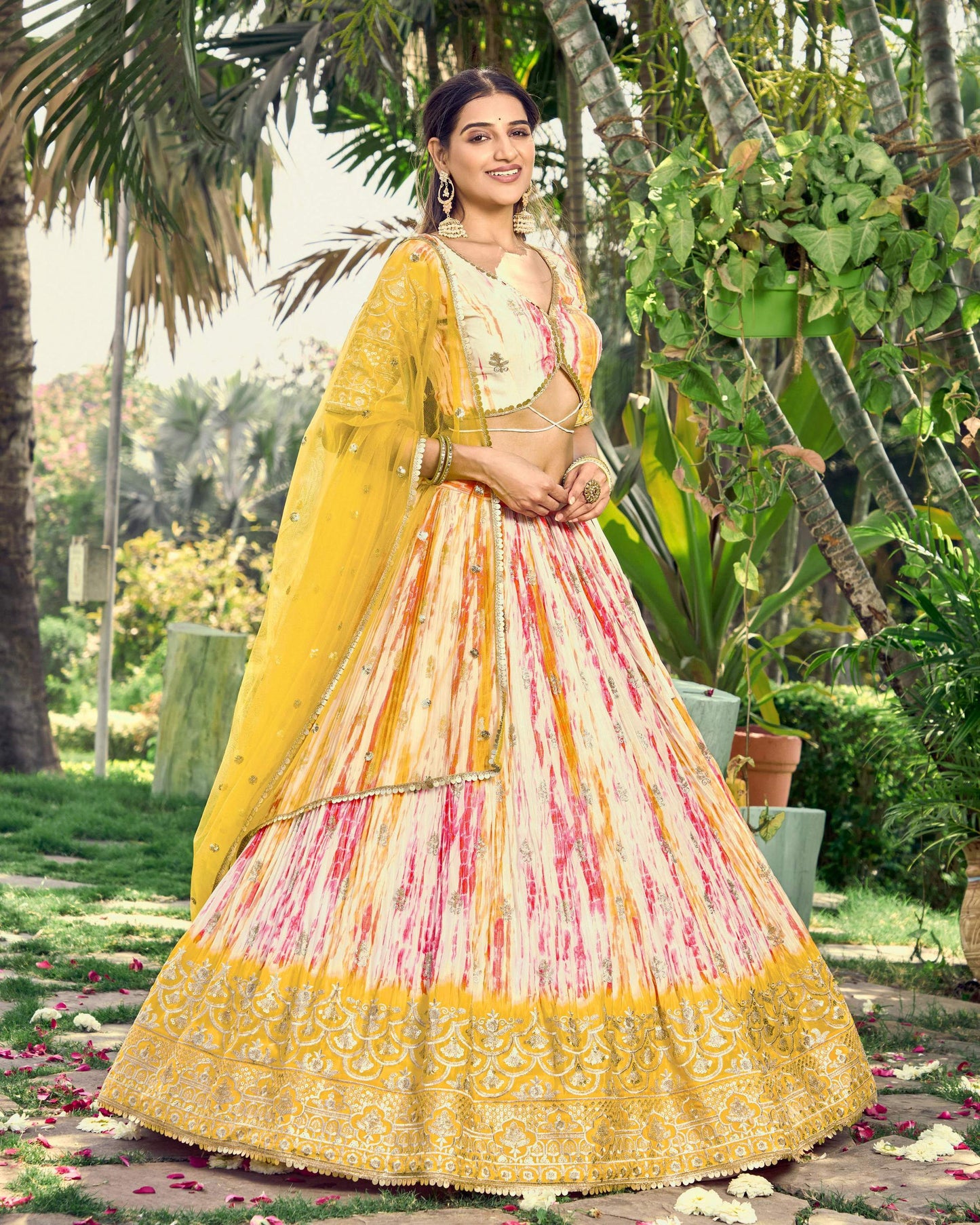 Jyoti Fashion Women's Yellow Chinon Digital Print with Sequins Zari Embroidered Lehenga Choli & Dupatta | Swadesiicart