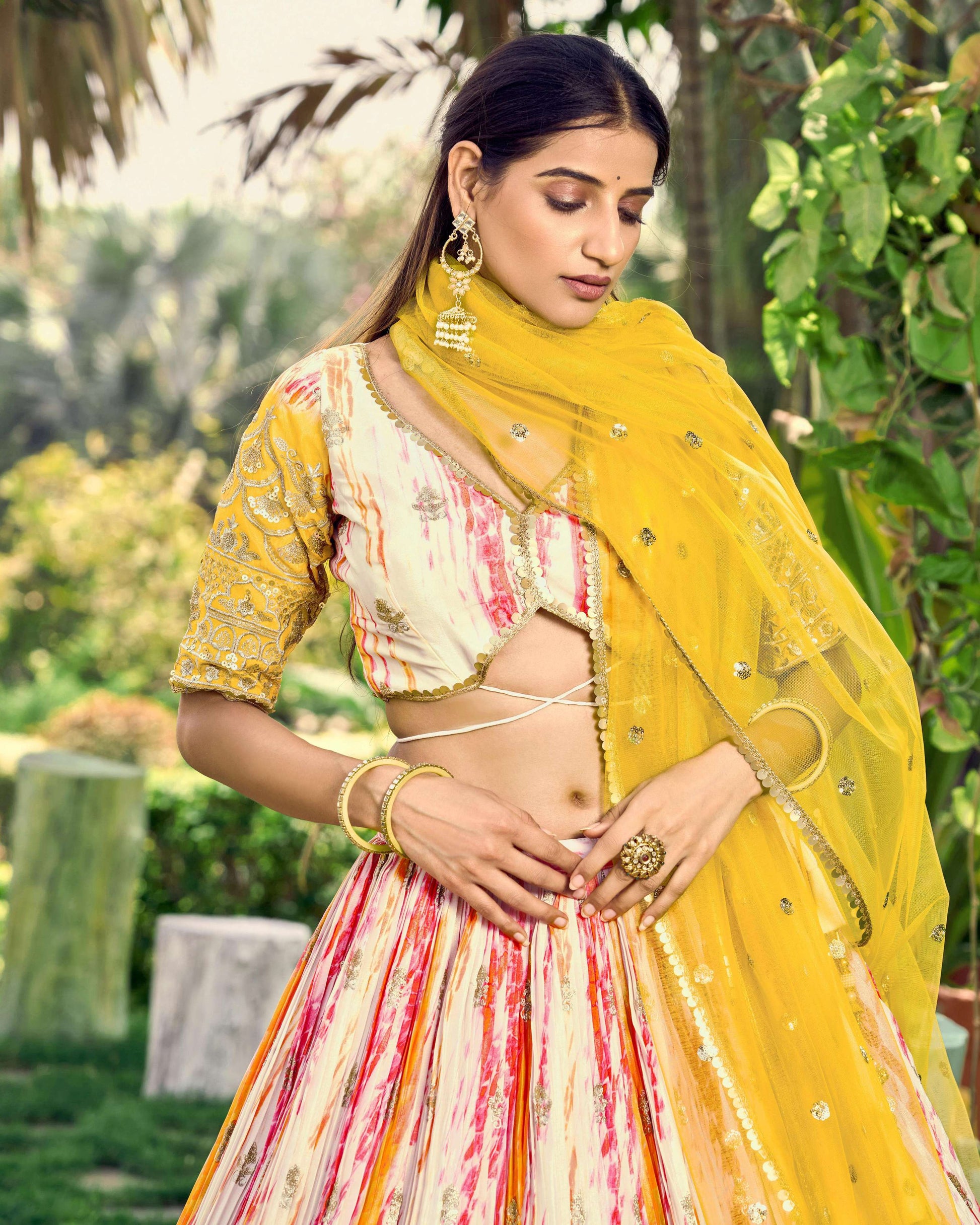 Jyoti Fashion Women's Yellow Chinon Digital Print with Sequins Zari Embroidered Lehenga Choli & Dupatta | Swadesiicart