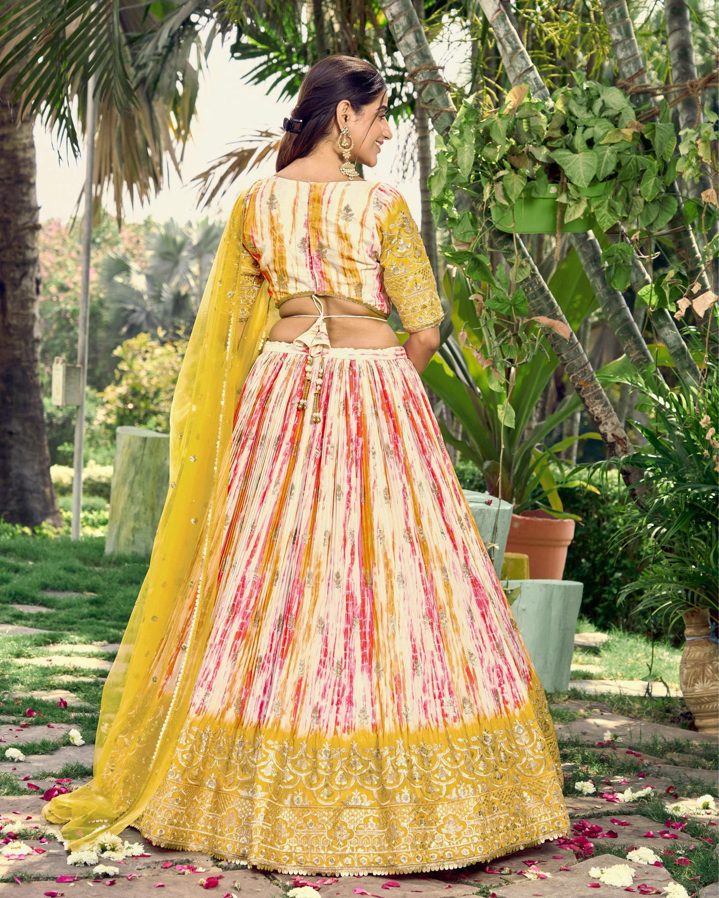 Jyoti Fashion Women's Yellow Chinon Digital Print with Sequins Zari Embroidered Lehenga Choli & Dupatta | Swadesiicart