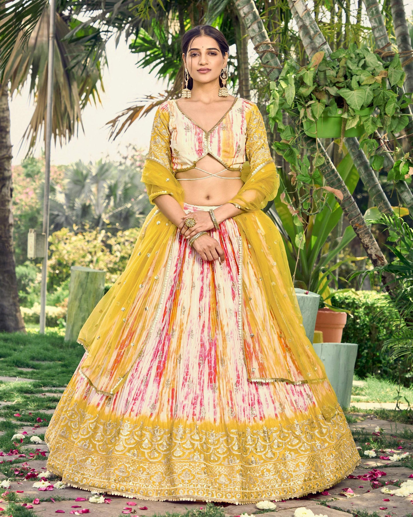 Jyoti Fashion Women's Yellow Chinon Digital Print with Sequins Zari Embroidered Lehenga Choli & Dupatta | Swadesiicart